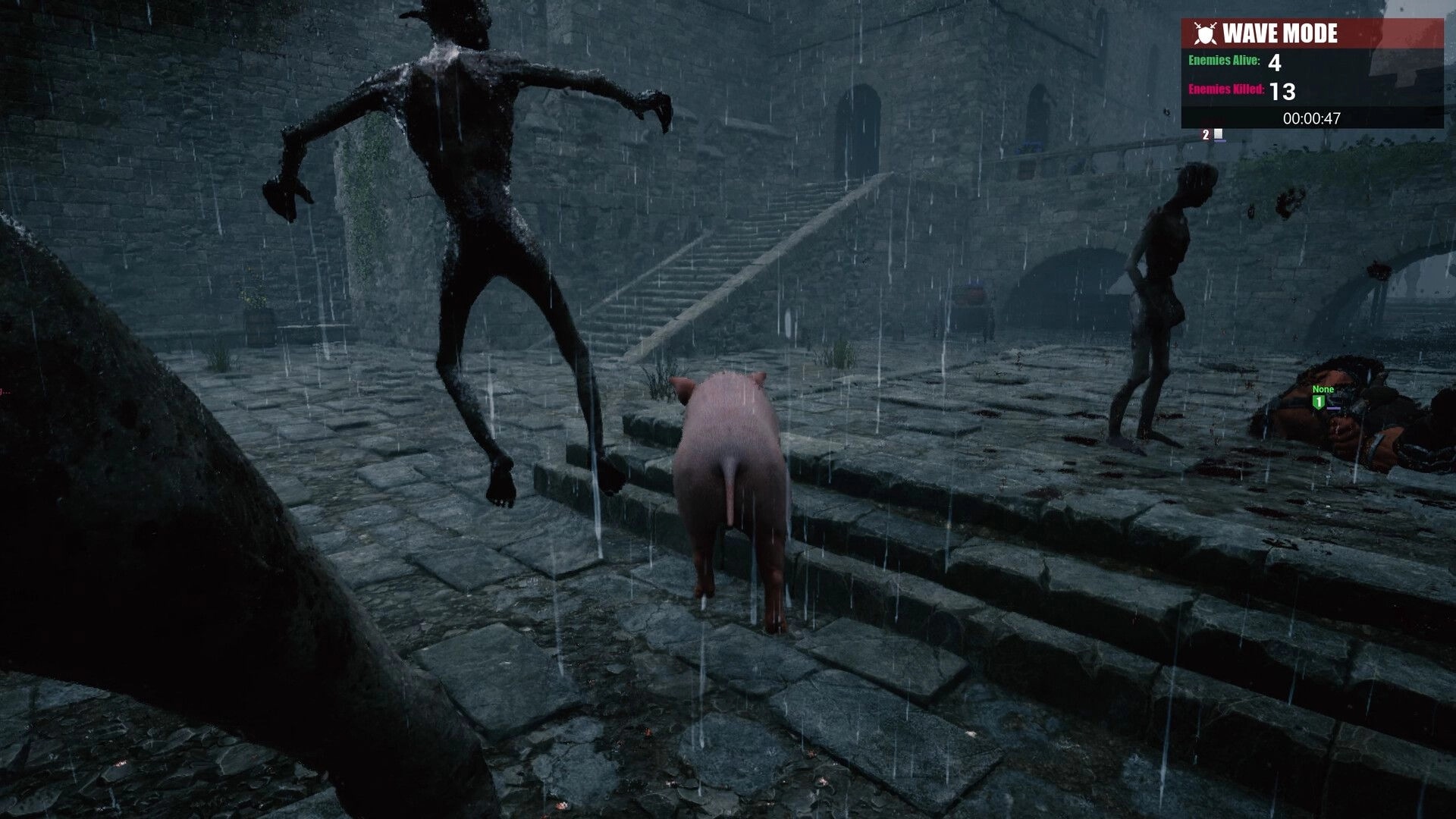 Morgenstern: Pig surrounded by dark creatures in a rain-soaked courtyard during wave mode battle