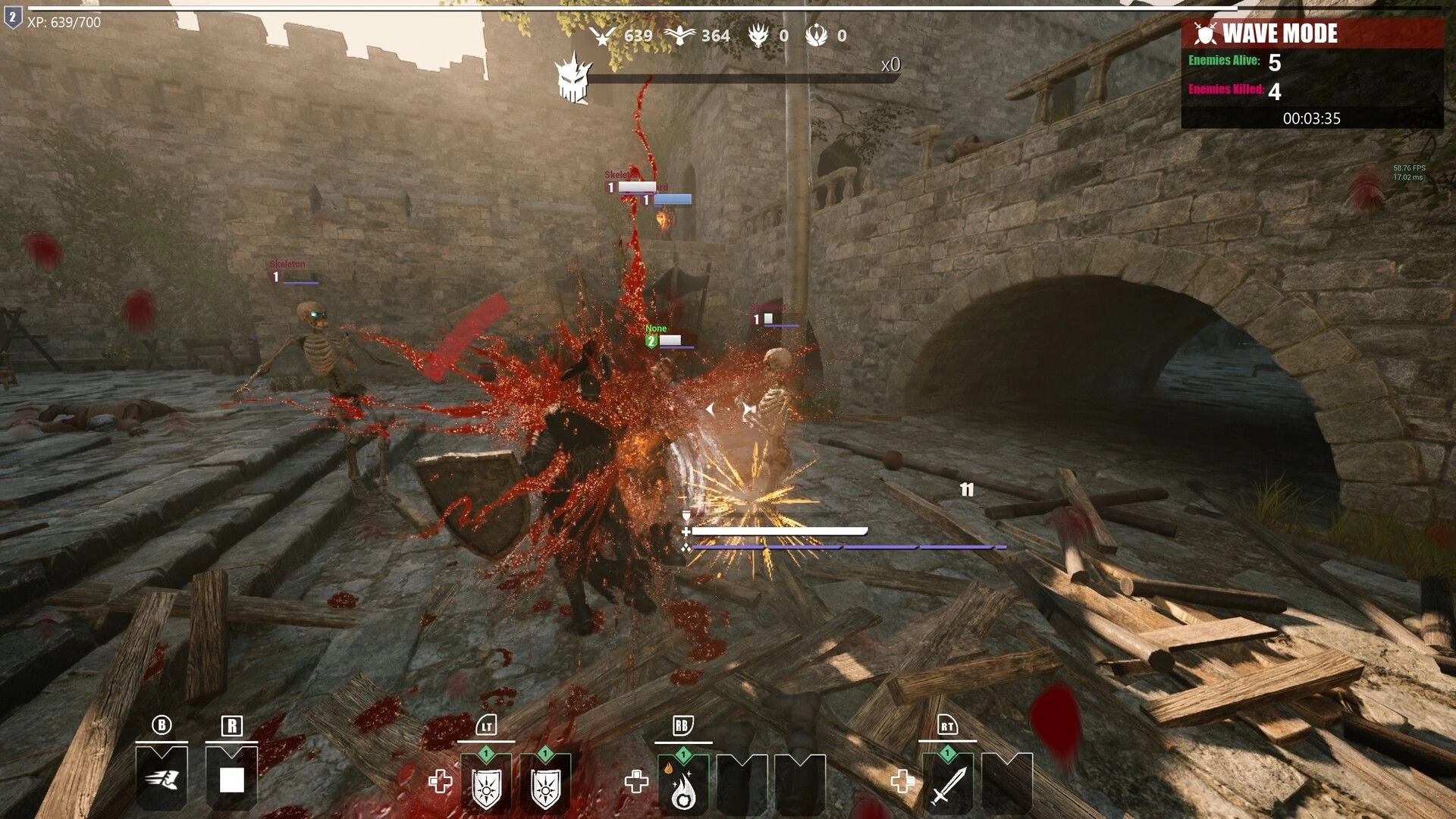 Morgenstern: Player fighting skeletons in wave mode on a stone bridge with UI showing health and actions