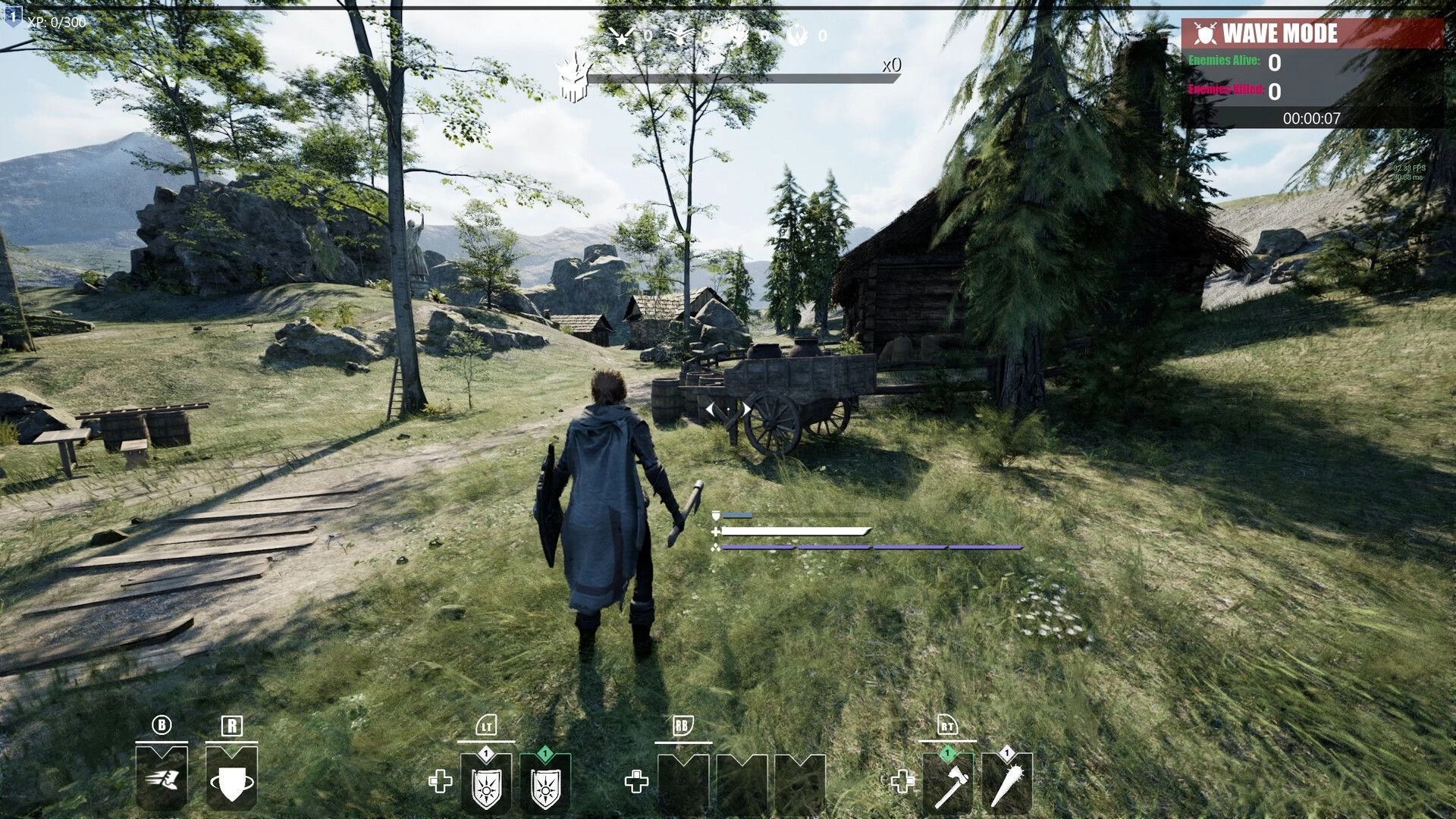 Morgenstern: Player in medieval village facing cart, preparing for battle in lush, open landscape