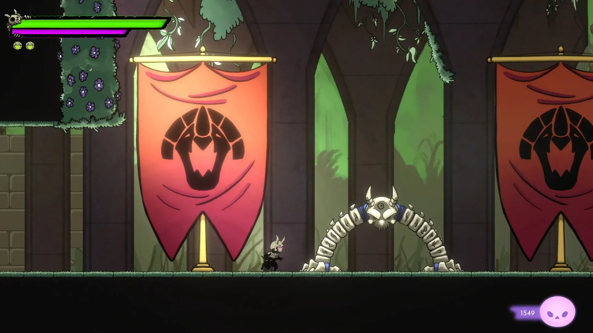 Morkull Ragast's Rage: Morkull faces skeletal serpent under red banners in haunted cathedral hall.