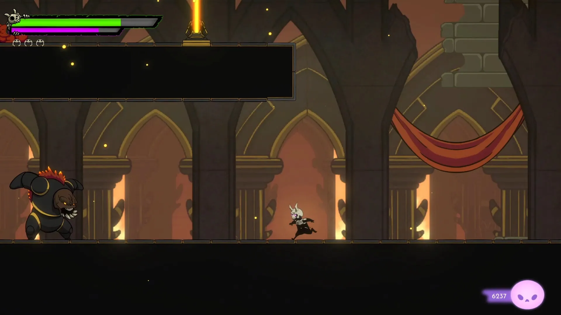 Morkull Ragast's Rage: Morkull running from enemy in dark castle with health bar and score displayed