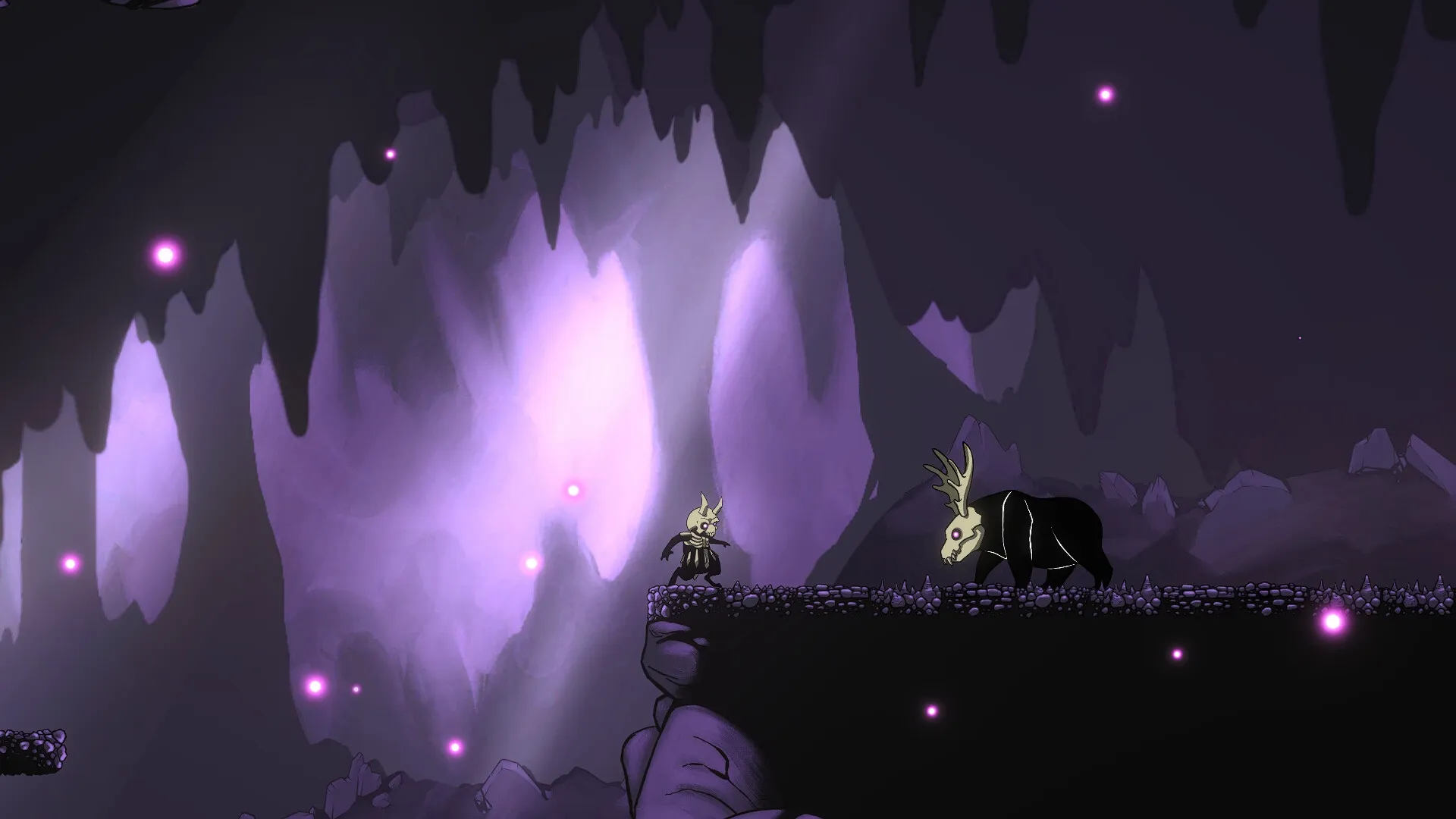 Morkull Ragast's Rage: Morkull confronts mystical creature on rocky platform in dark cavern with purple glow