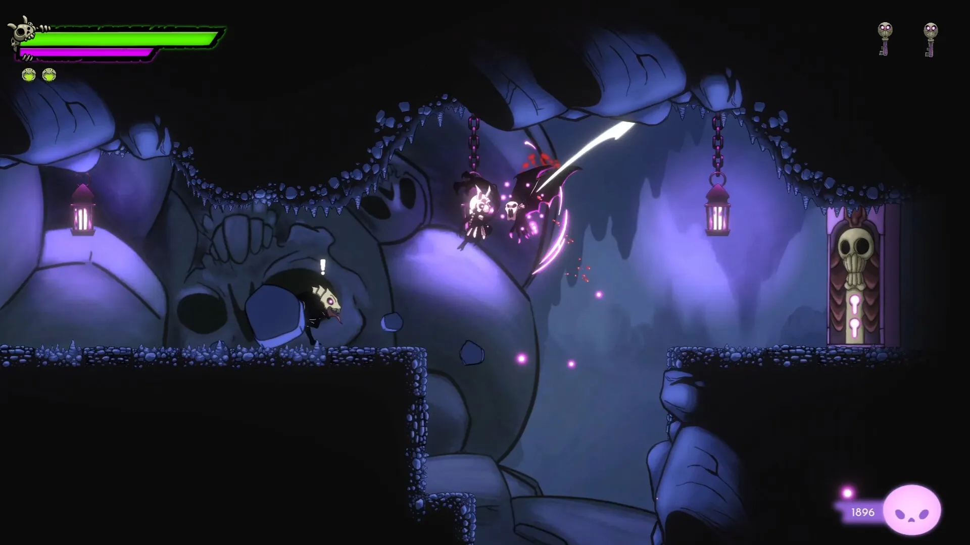 Morkull Ragast's Rage: Morkull battles enemy in dark cave with purple lanterns and skull door in background