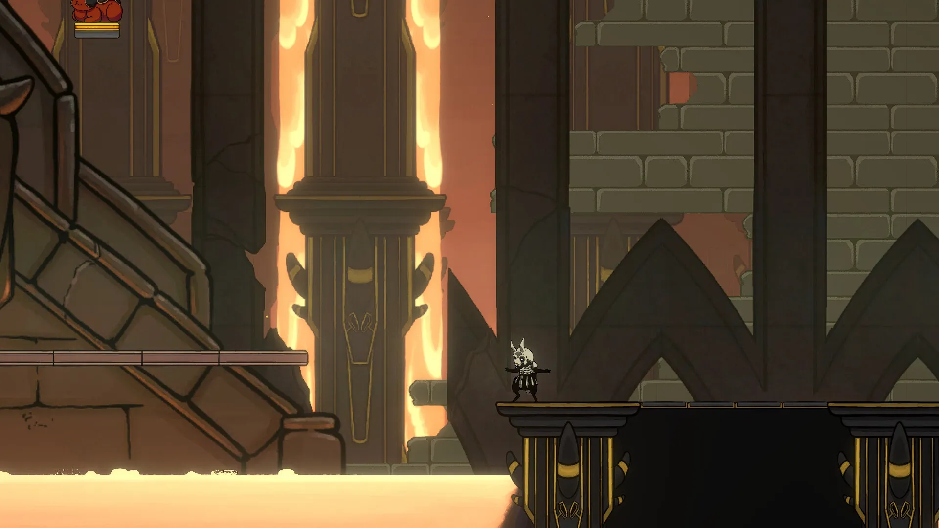 Morkull Ragast's Rage: Morkull stands on a platform in a dark castle with glowing pillars in the background.