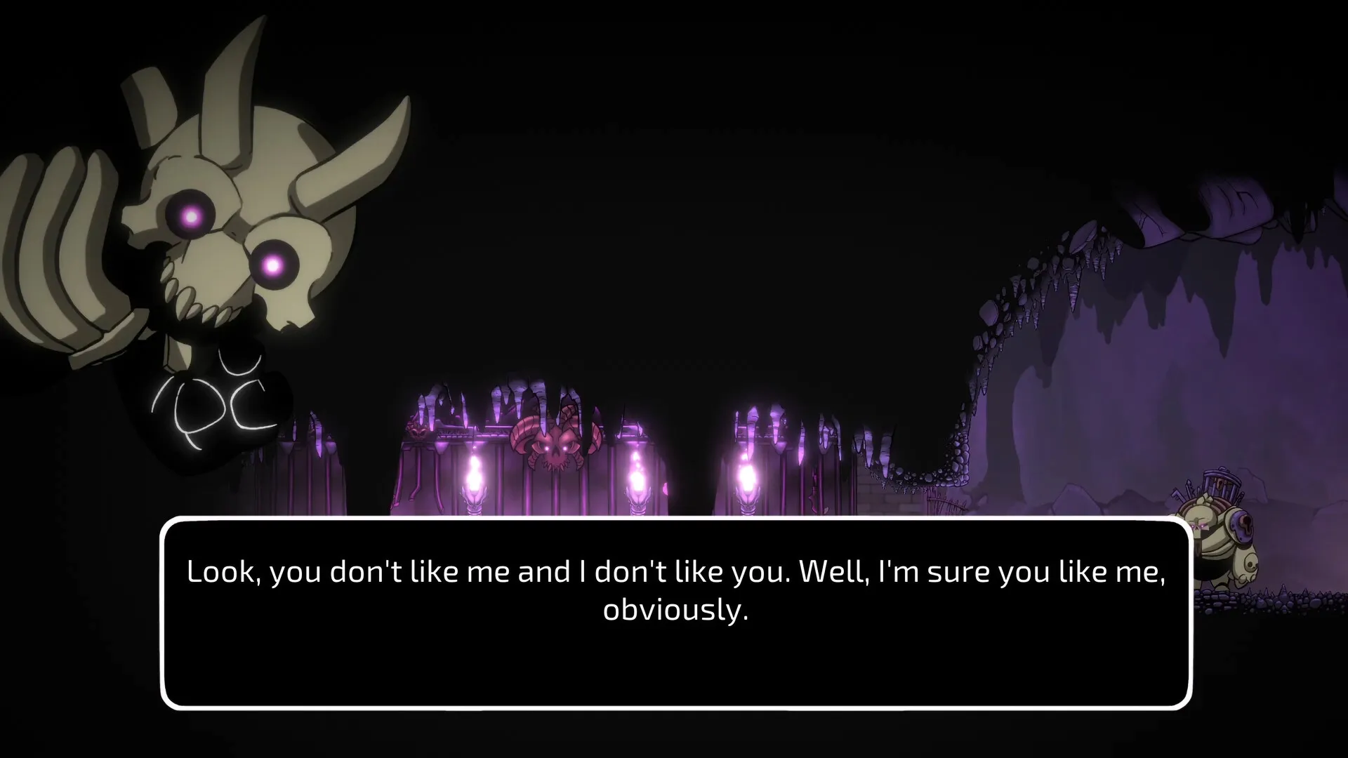 Morkull Ragast's Rage: Morkull's dialogue with player in dark cave setting, glowing purple lights illuminating.