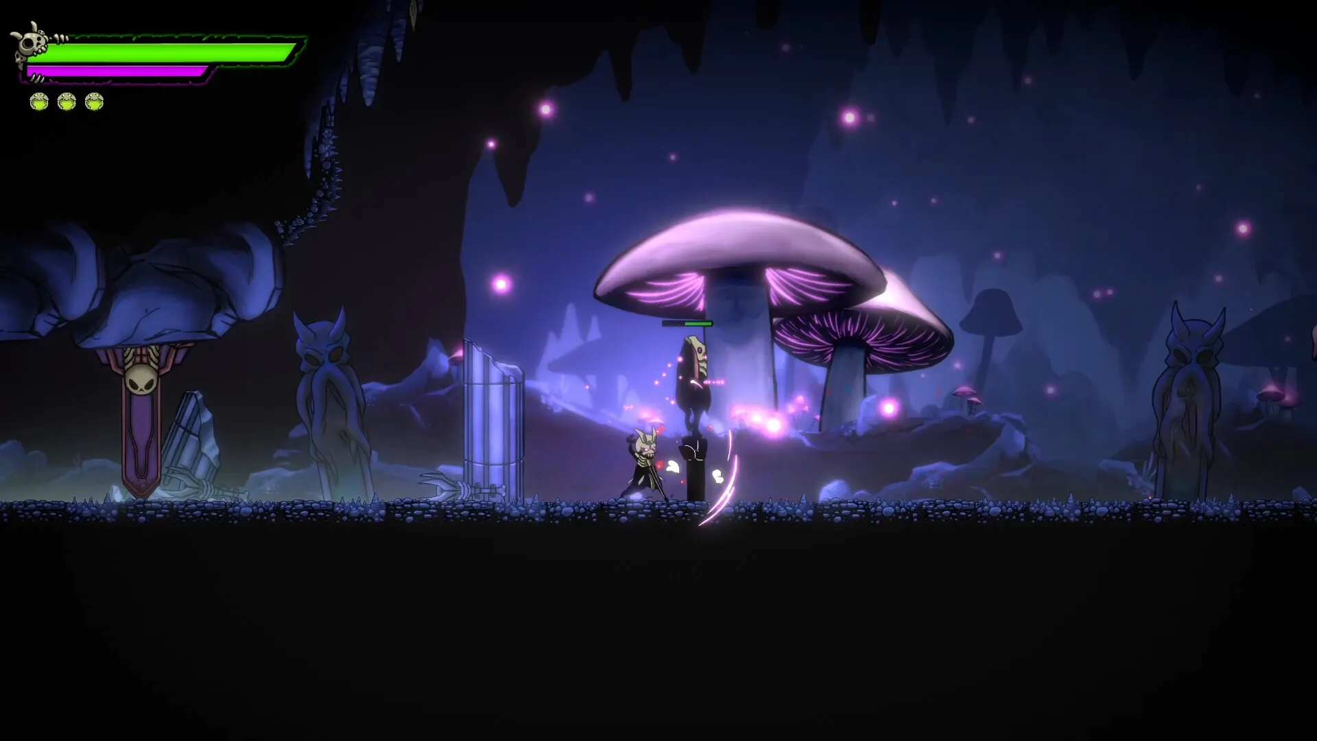 Morkull Ragast's Rage: Morkull battles shadowy figure in a mystical cave with giant glowing mushrooms