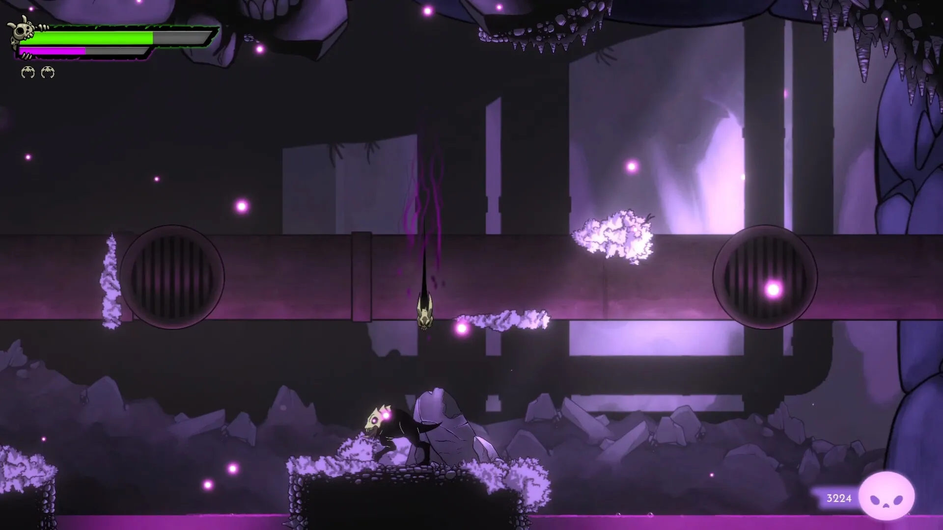 Morkull Ragast's Rage: Morkull traverses a shadowy cavern with glowing purple orbs and a health bar visible
