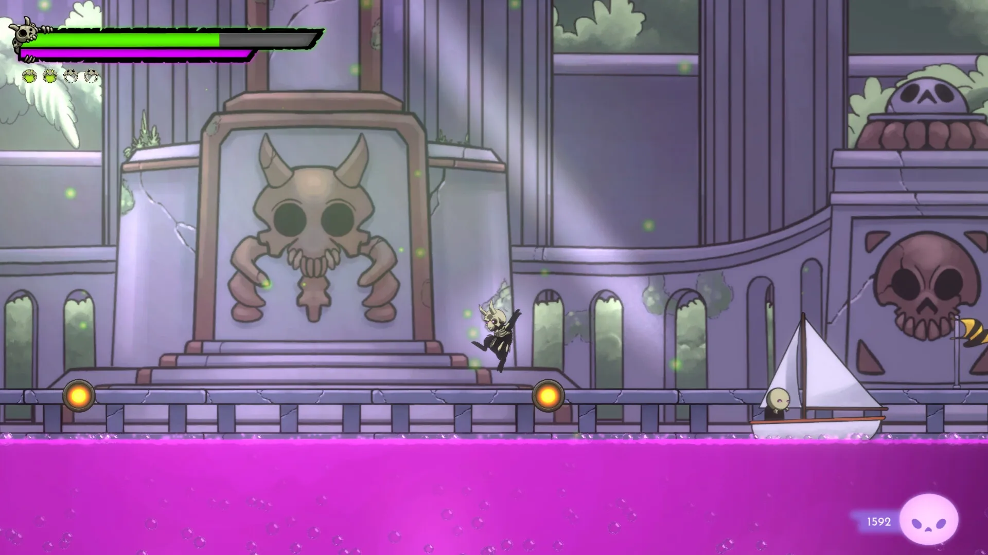 Morkull Ragast's Rage: Morkull jumping near a skull wall in a temple with a pink liquid pool below