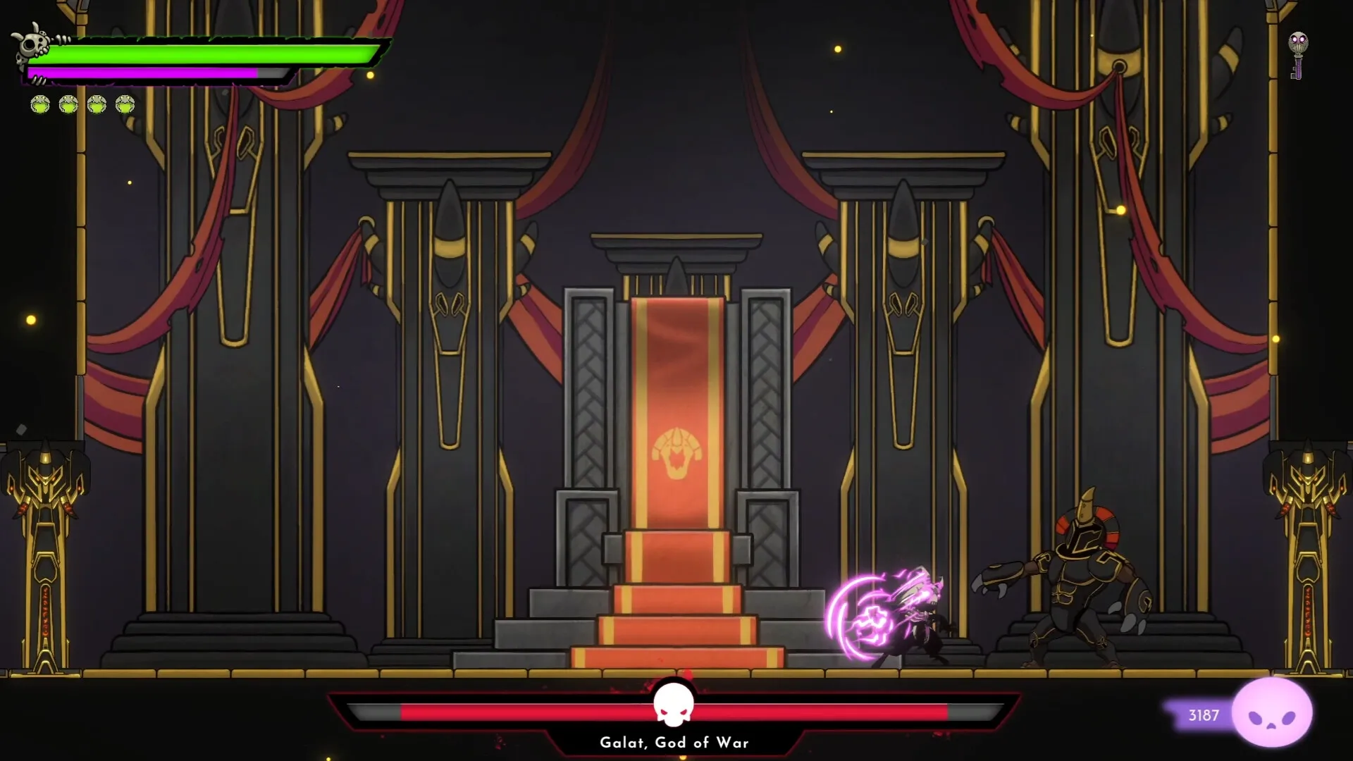 Morkull Ragast's Rage: Morkull battles Galat, God of War, in a grand throne room with red banners.