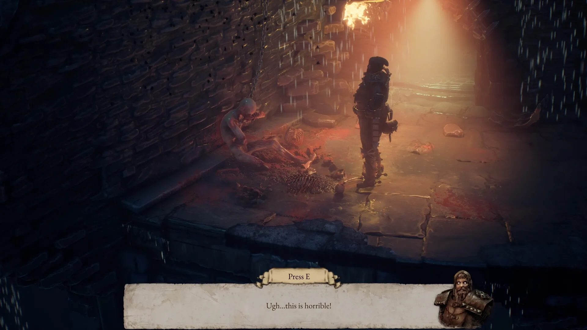 Moroi: Player stands near chained creature in dimly lit dungeon with dialogue prompt active