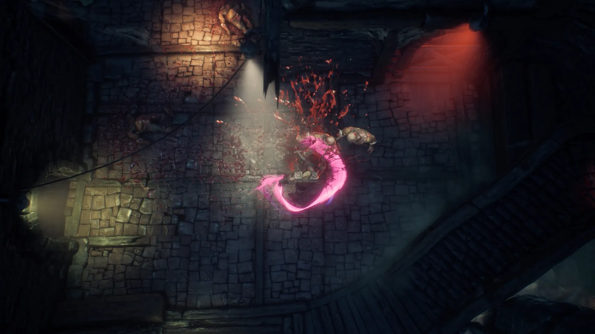 Moroi: Character delivers a glowing pink attack on two enemies in a dimly lit dungeon corridor