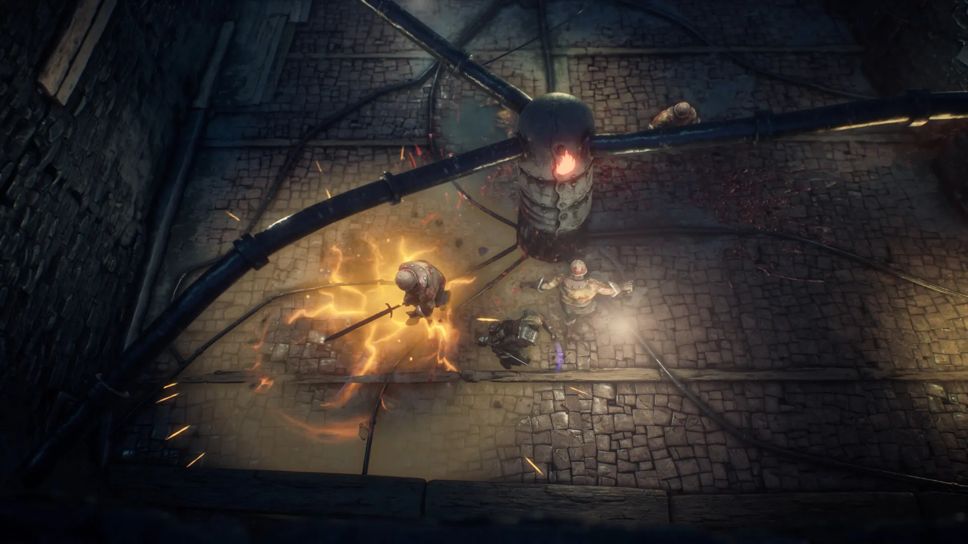 Moroi: Intense combat with armored characters and glowing effects in a dark, industrial environment.