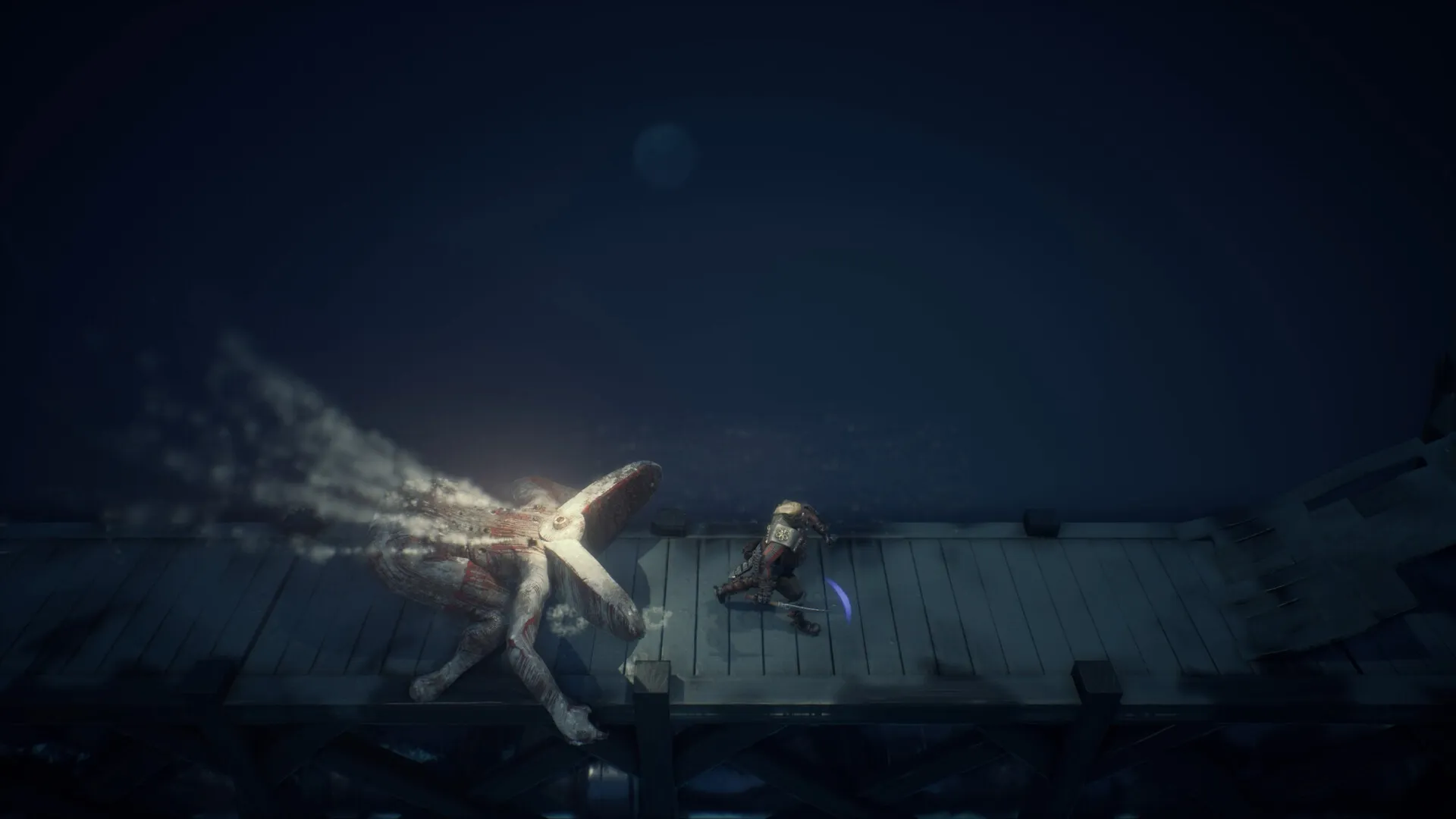 Moroi: Player battles a large, monstrous creature on a dark wooden dock under a moonlit sky.