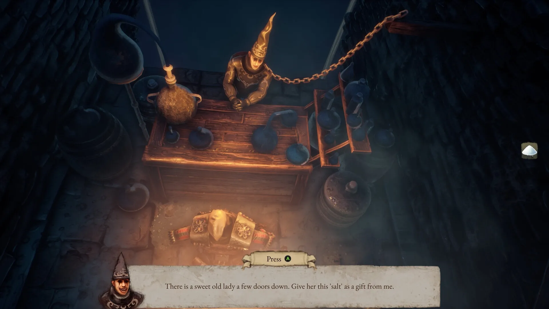 Moroi: Merchant behind wooden counter with potions, dialogue box at bottom in dimly lit shop.