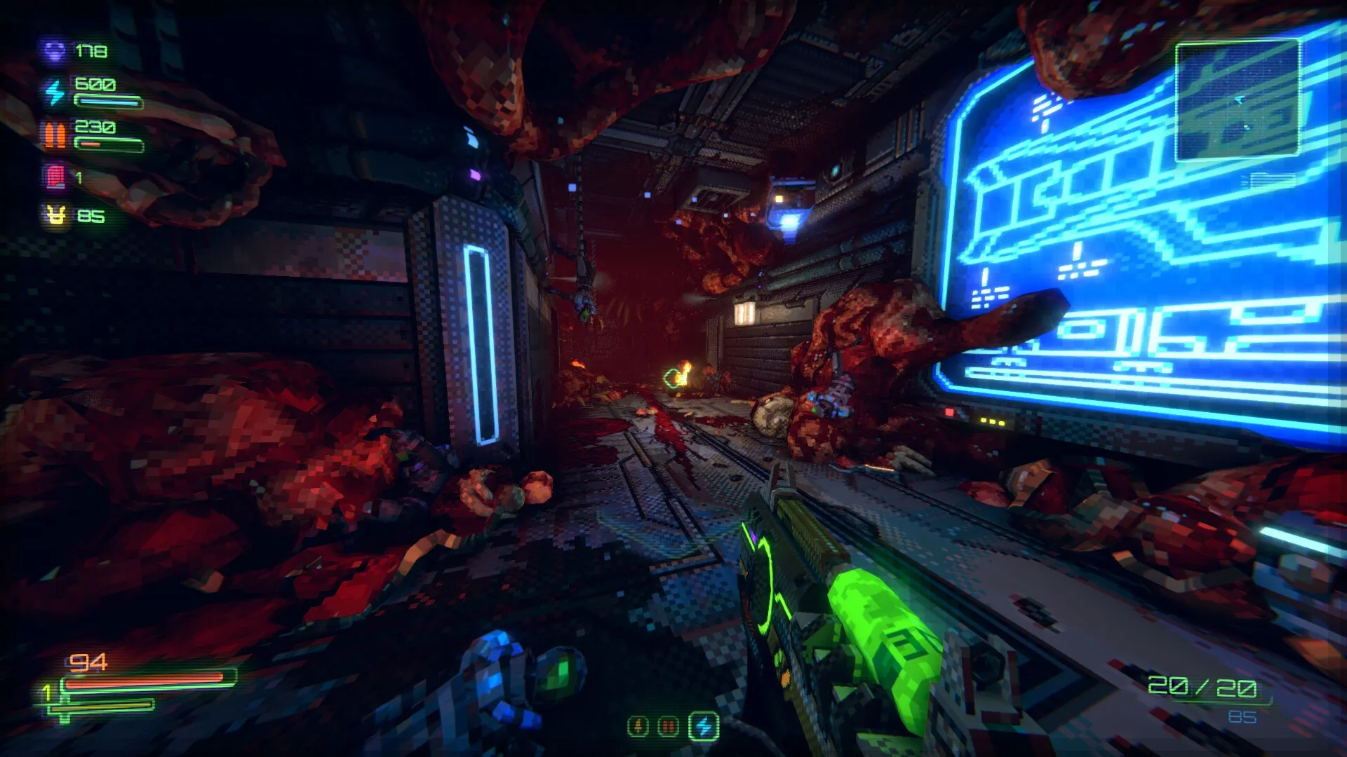 Moros Protocol: First-person view with neon gun in derelict spaceship corridor covered in alien growths