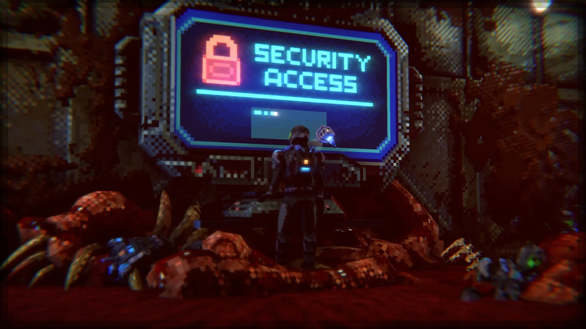 Moros Protocol: Player accessing security terminal in dimly lit spaceship corridor surrounded by debris