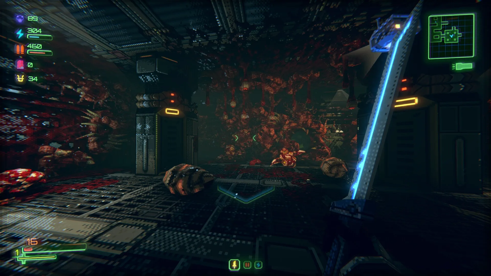 Moros Protocol: Player wields glowing sword in a blood-soaked corridor with alien growths and UI stats