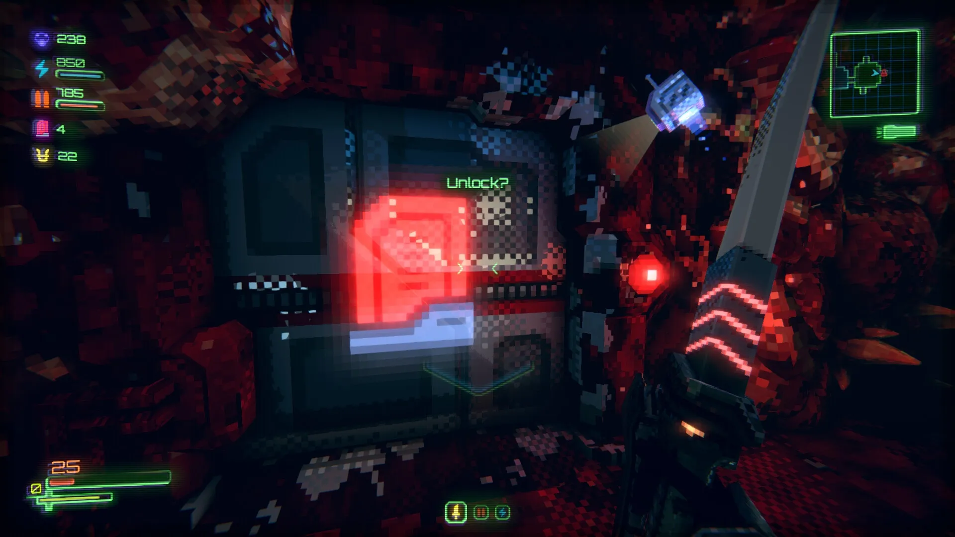 Moros Protocol: Player approaches locked door with sword drawn in pixelated, dimly-lit corridor.