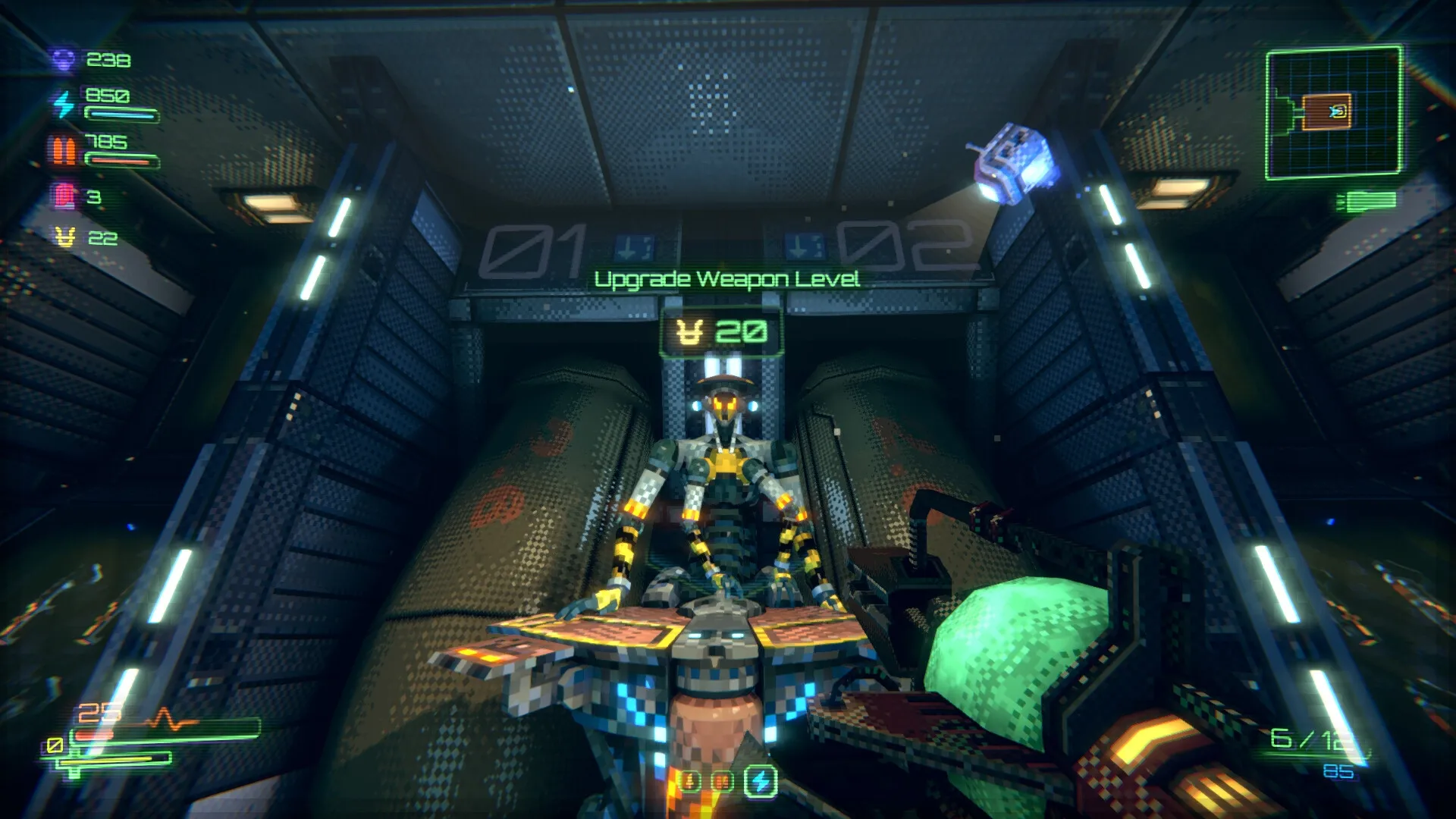 Moros Protocol: Upgrading weapon at station with sci-fi robot on a dimly lit warship bridge