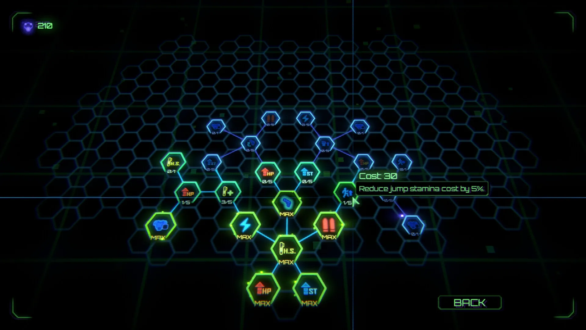 Moros Protocol: Upgrade tree interface with hexagonal nodes and highlighted skill descriptions on screen