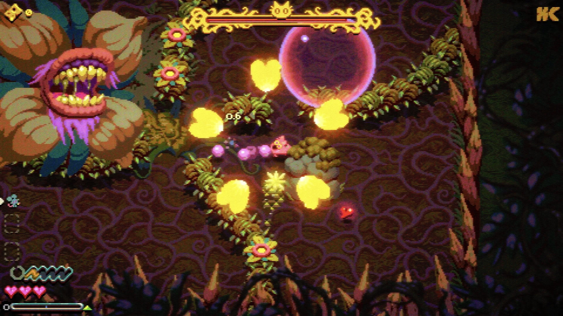 Morsels: Player battles a large plant creature in sewer with vibrant flora and glowing orbs surrounding.