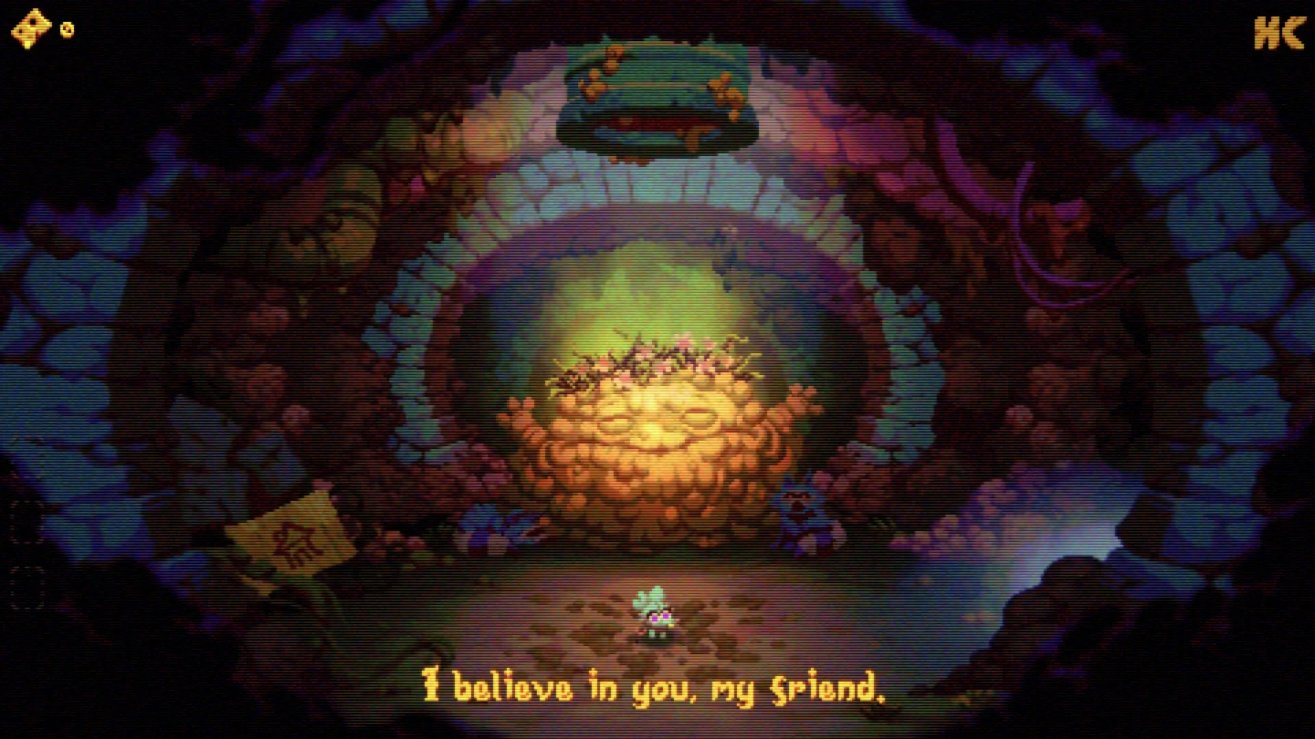 Morsels: Player character stands before glowing creature in colorful cavern with motivational text displayed.