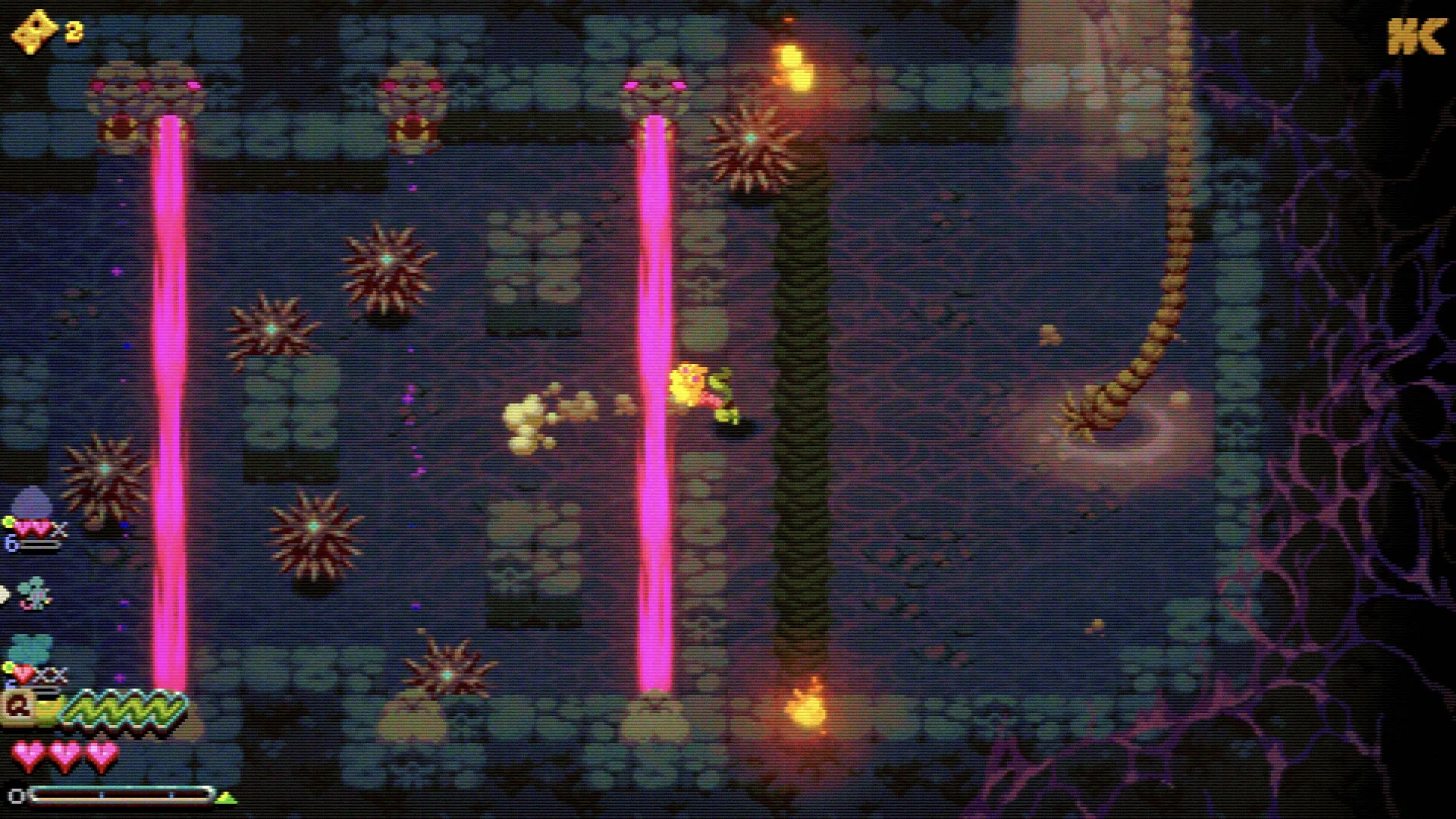 Morsels: Player dodges laser beams and spikes in a dimly lit sewer dungeon with health bar visible.