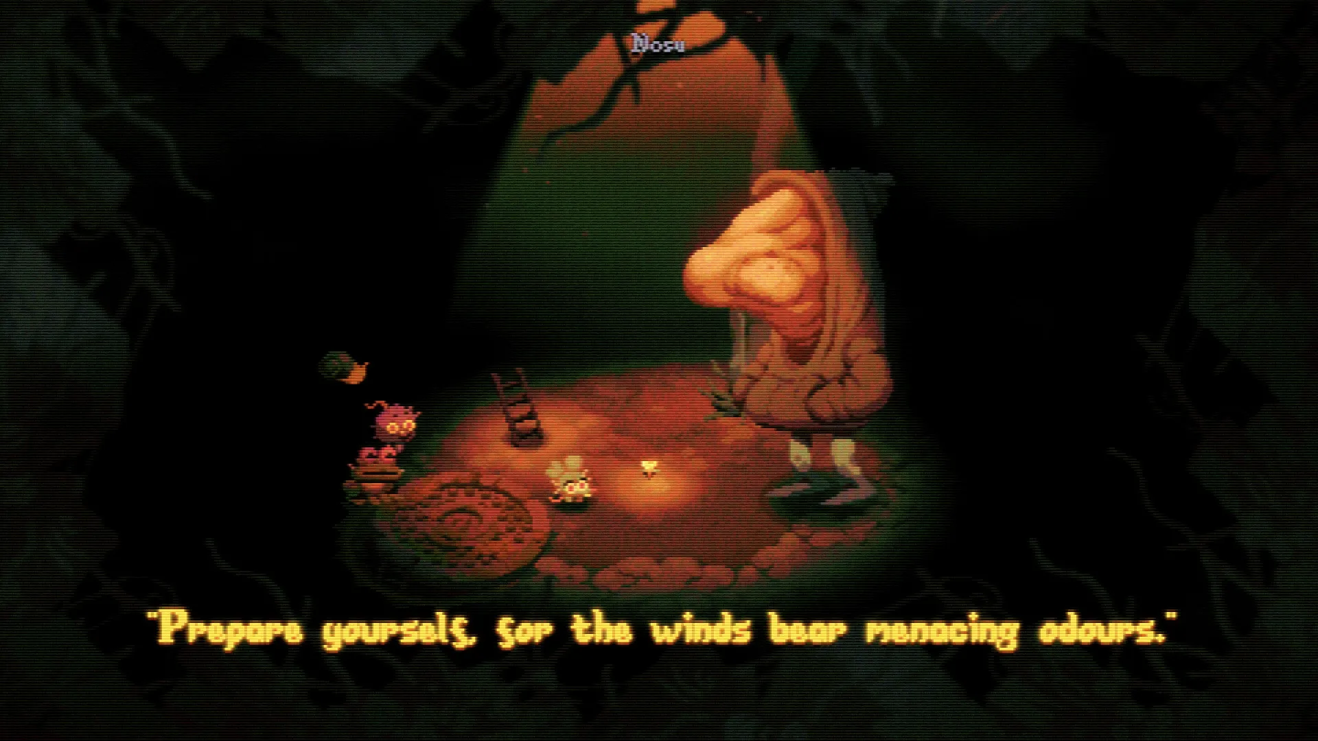 Morsels: Character dialogue with large creature in dimly lit, underground cave environment