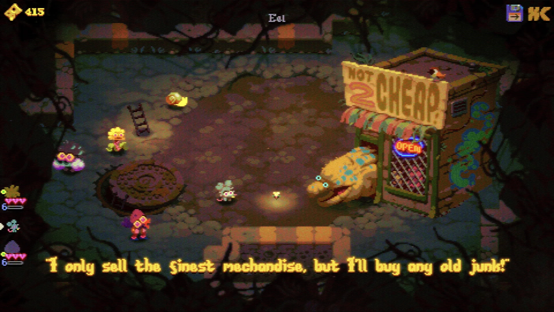 Morsels: Characters explore sewer market with a creature shopkeeper offering trades and items.