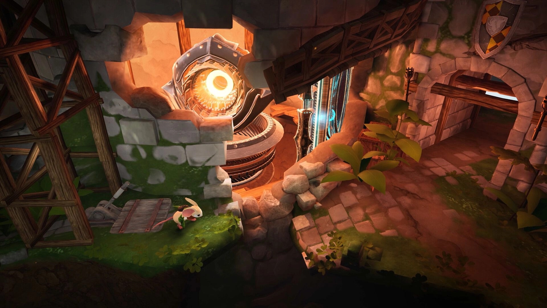 Moss: Quill stands by a lever near a glowing relic machine in a ruined stone courtyard and archway.