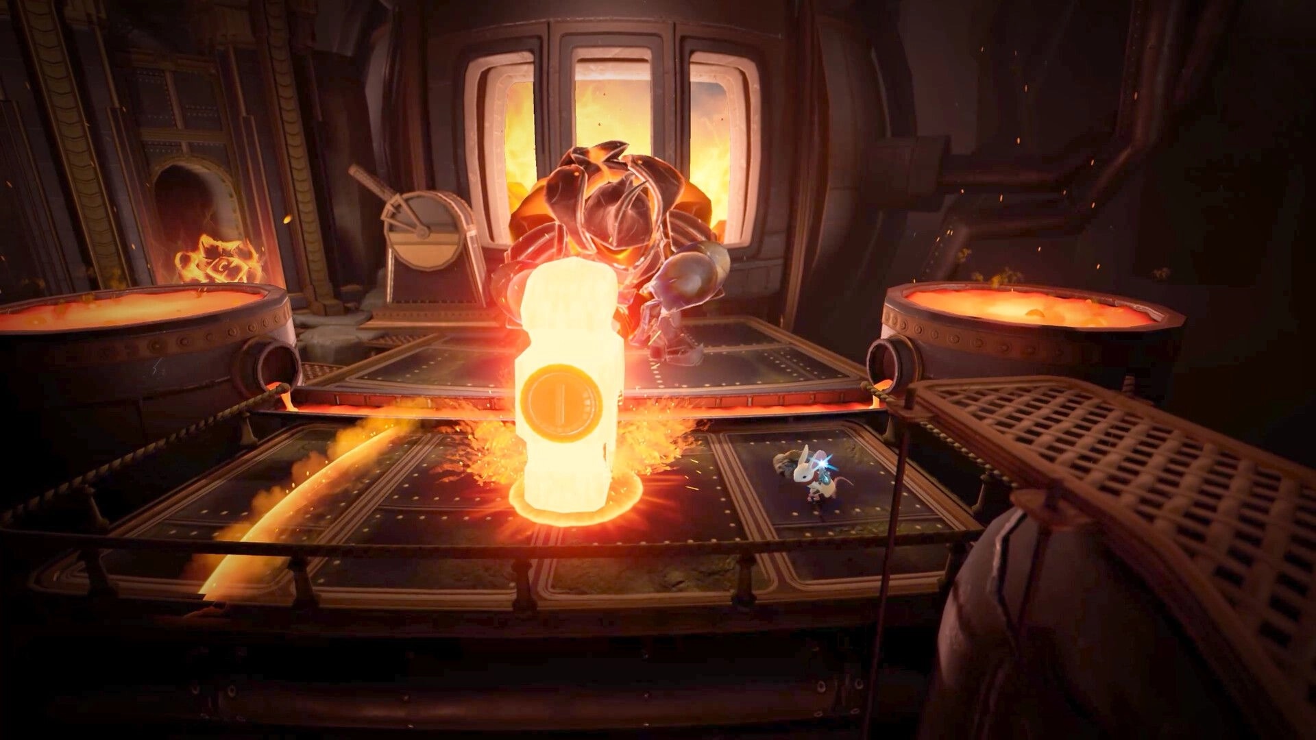 Moss: Quill dodges a molten hammer strike in a forge arena with lava vats and metal platforms.