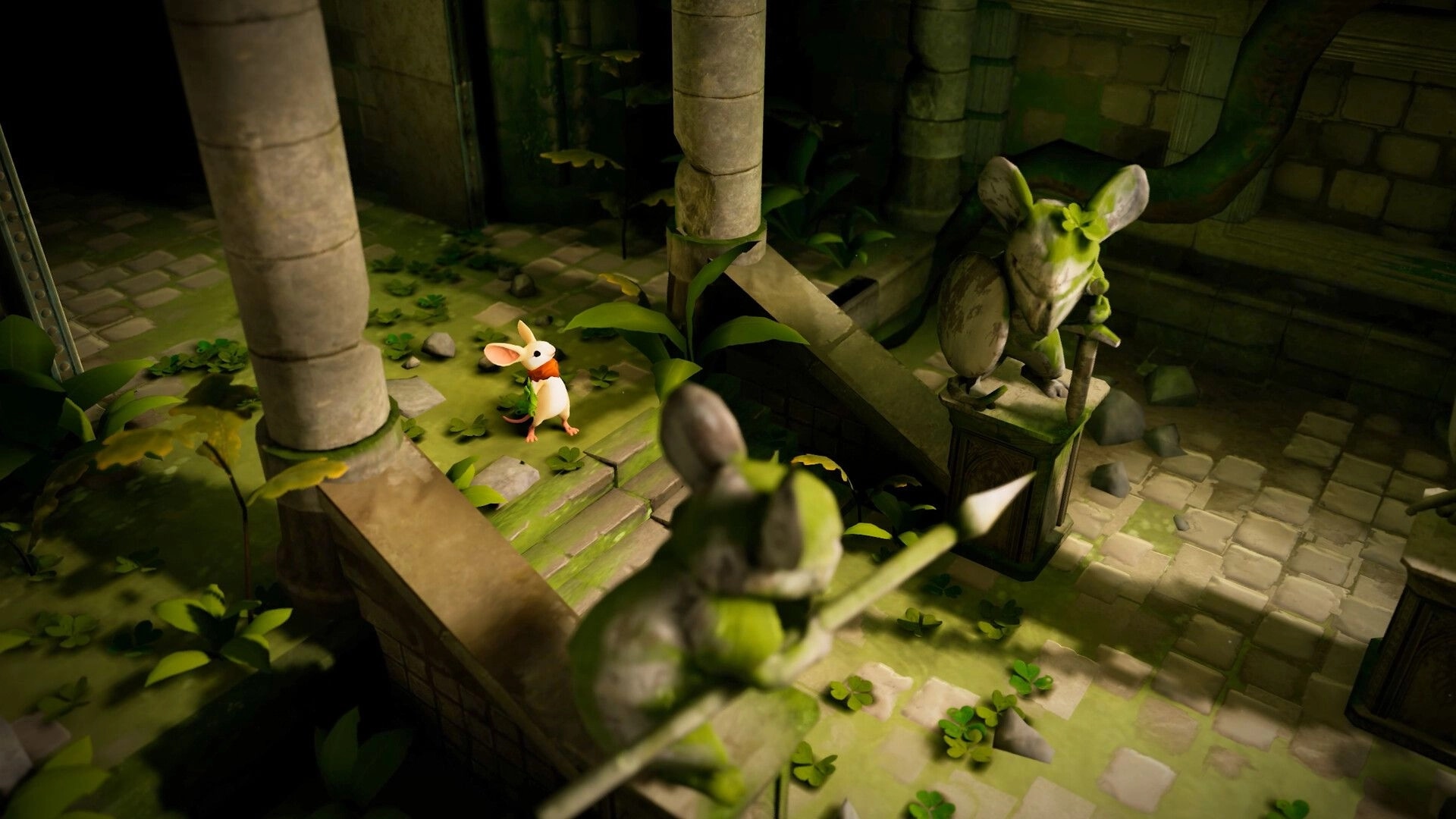 Moss: Quill stands by mossy stone steps near vine-covered statues in an overgrown ruin courtyard.