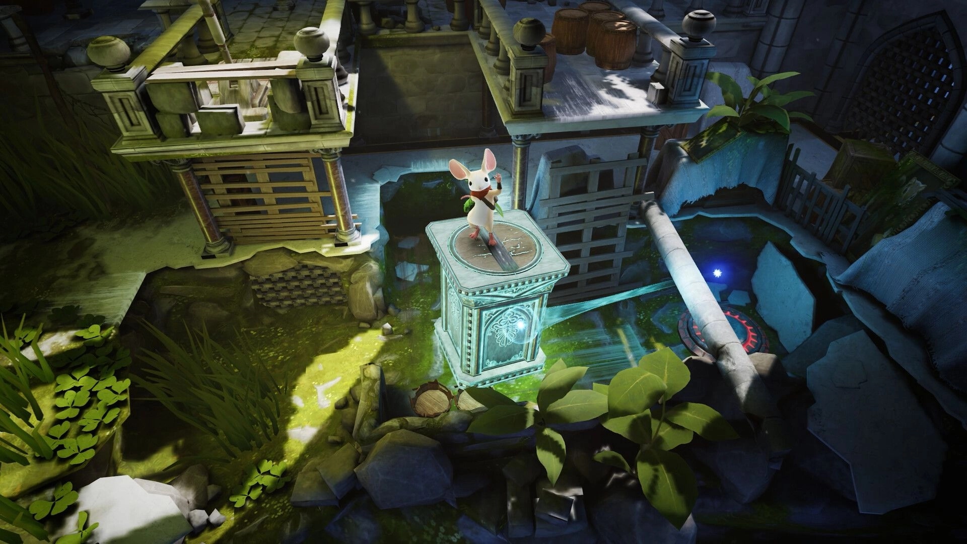 Moss: Quill stands atop a glowing stone pillar in a ruined courtyard with water channels and gates.