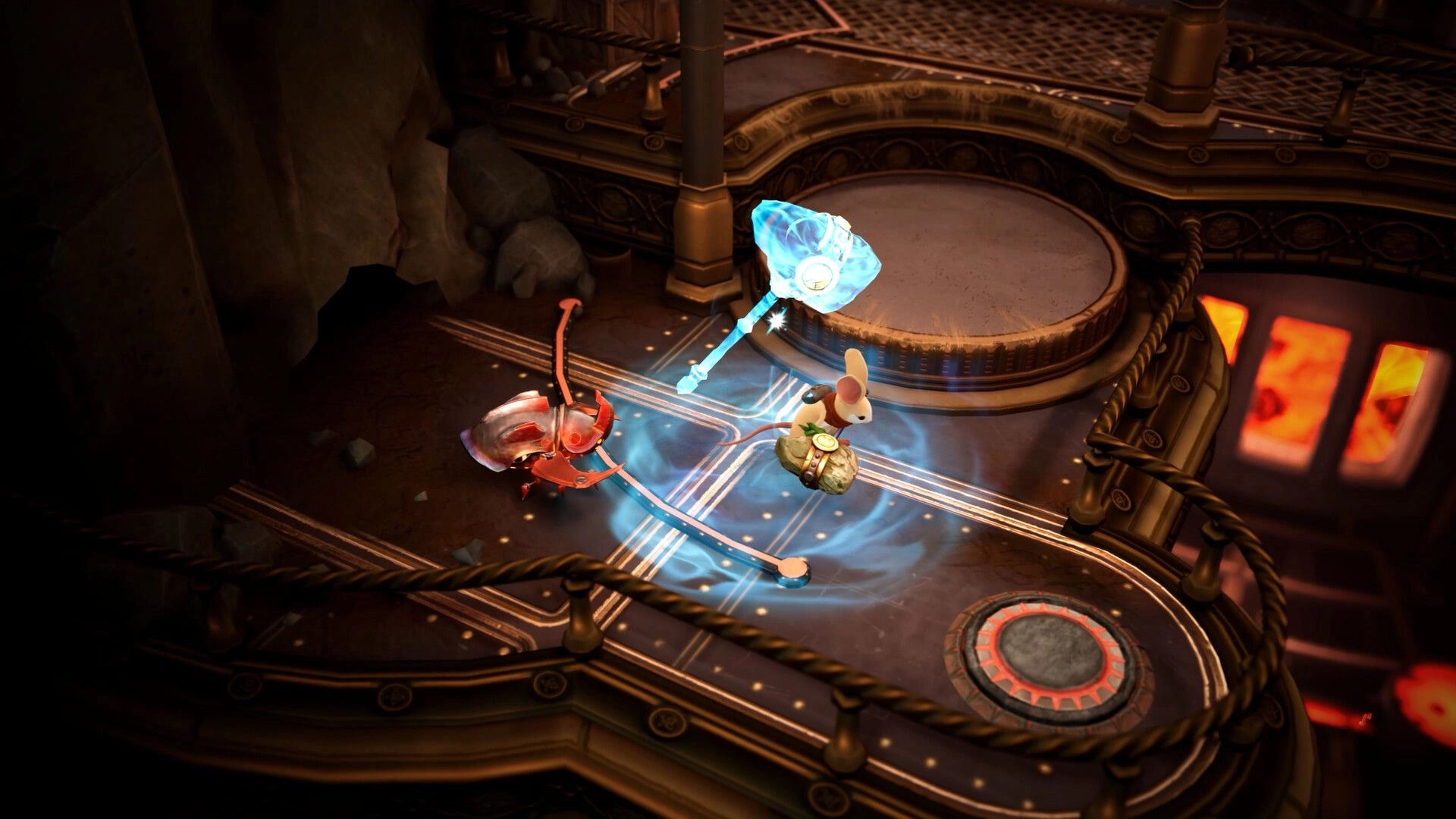 Moss: Mouse hero dodges a red bug enemy as a glowing blue hammer hovers on a metal platform.