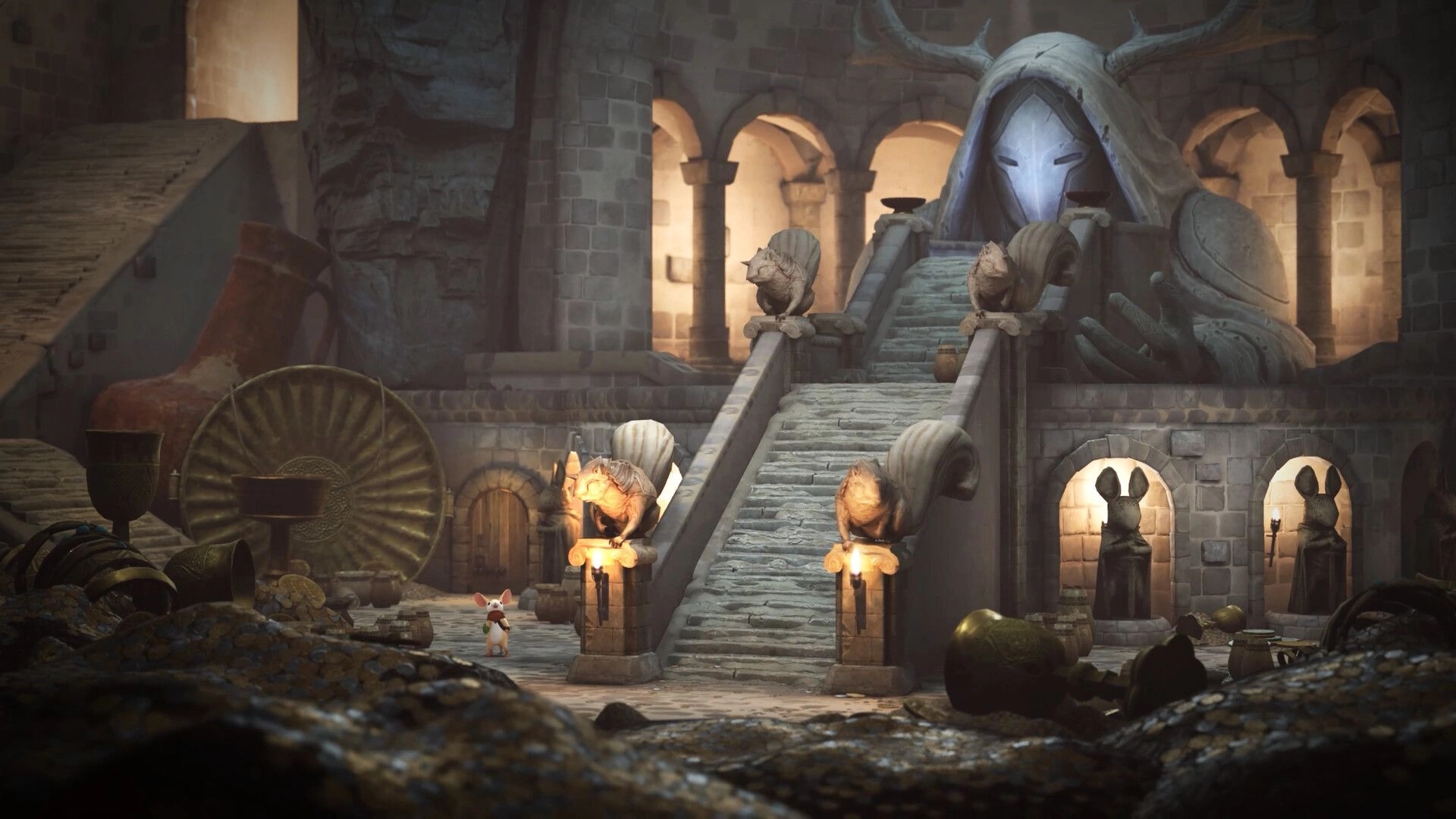 Moss: Quill stands by torchlit stairs with squirrel statues, facing a hooded stone monument in ruins.