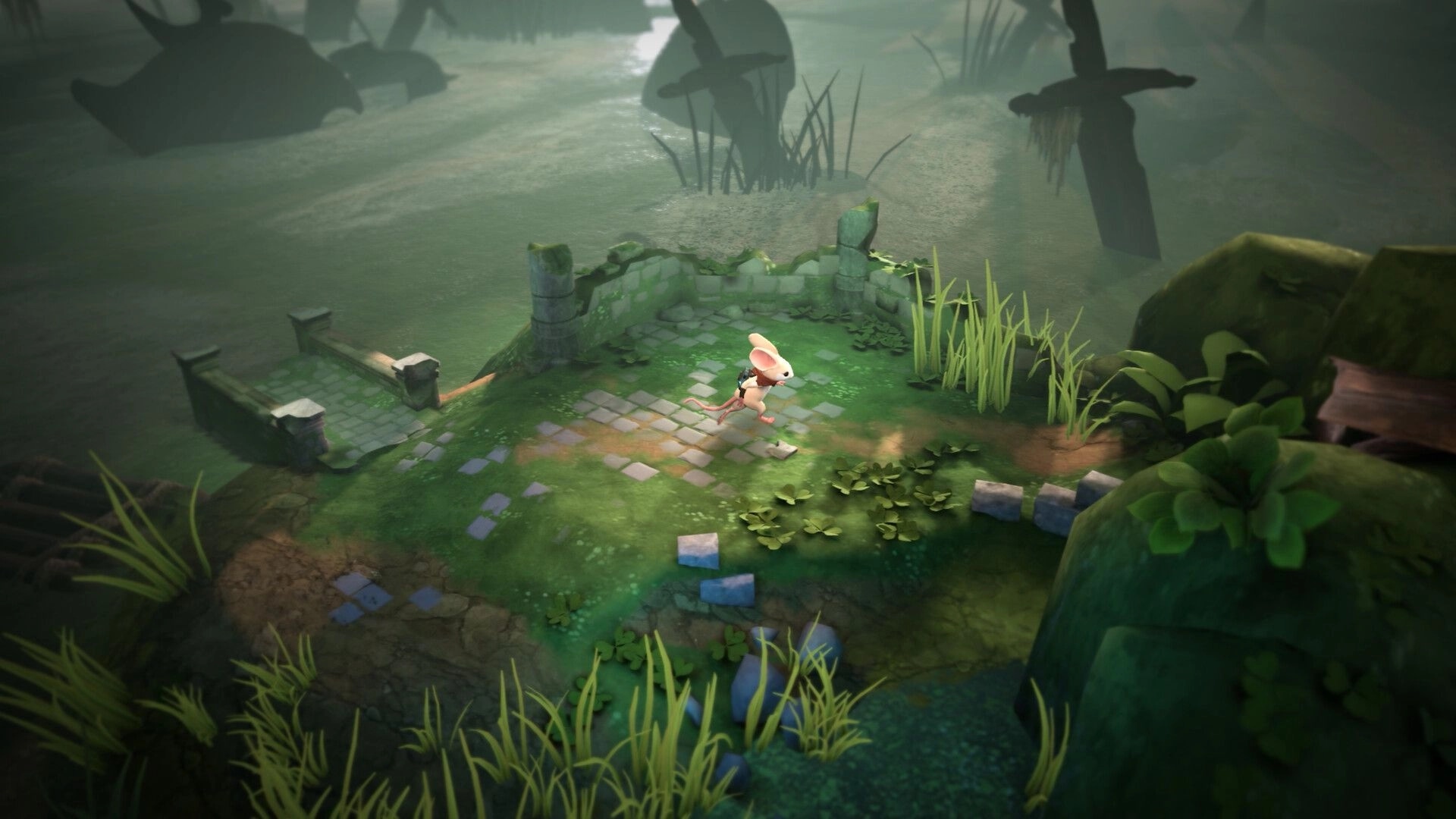 Moss: Quill the mouse stands on a mossy stone path beside ruins in a misty swamp clearing.