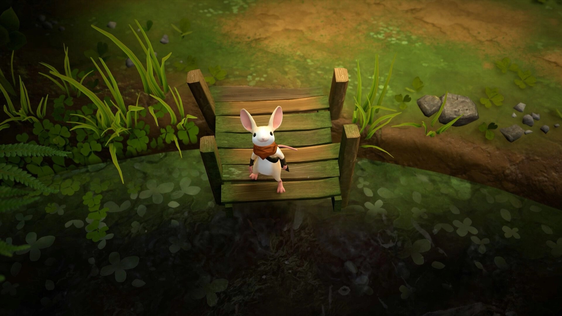 Moss: Quill stands on a small wooden bridge over a stream, surrounded by grass and stones.