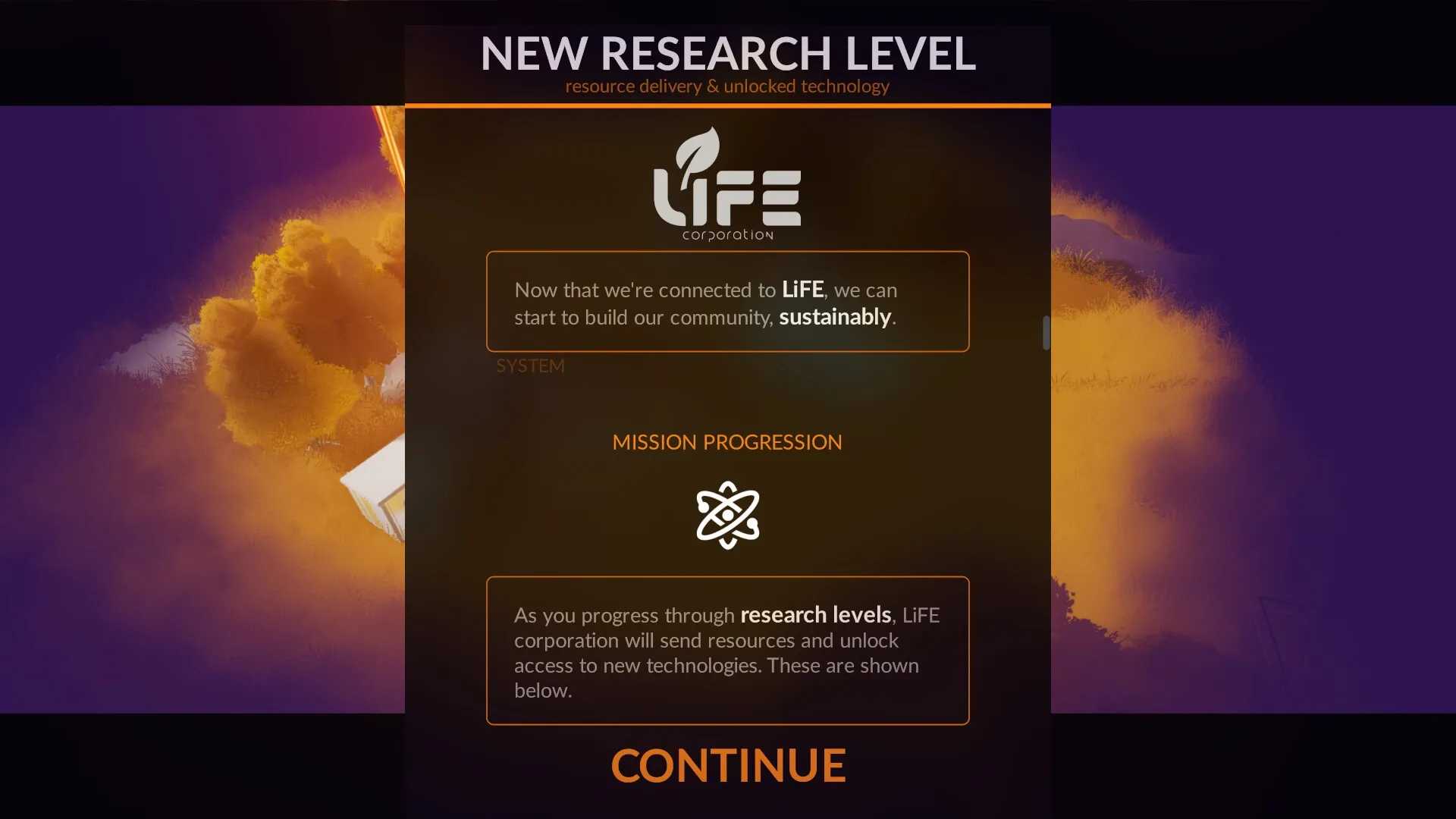 Mossfield Origins: New research level screen with mission progression details and LiFE Corporation logo
