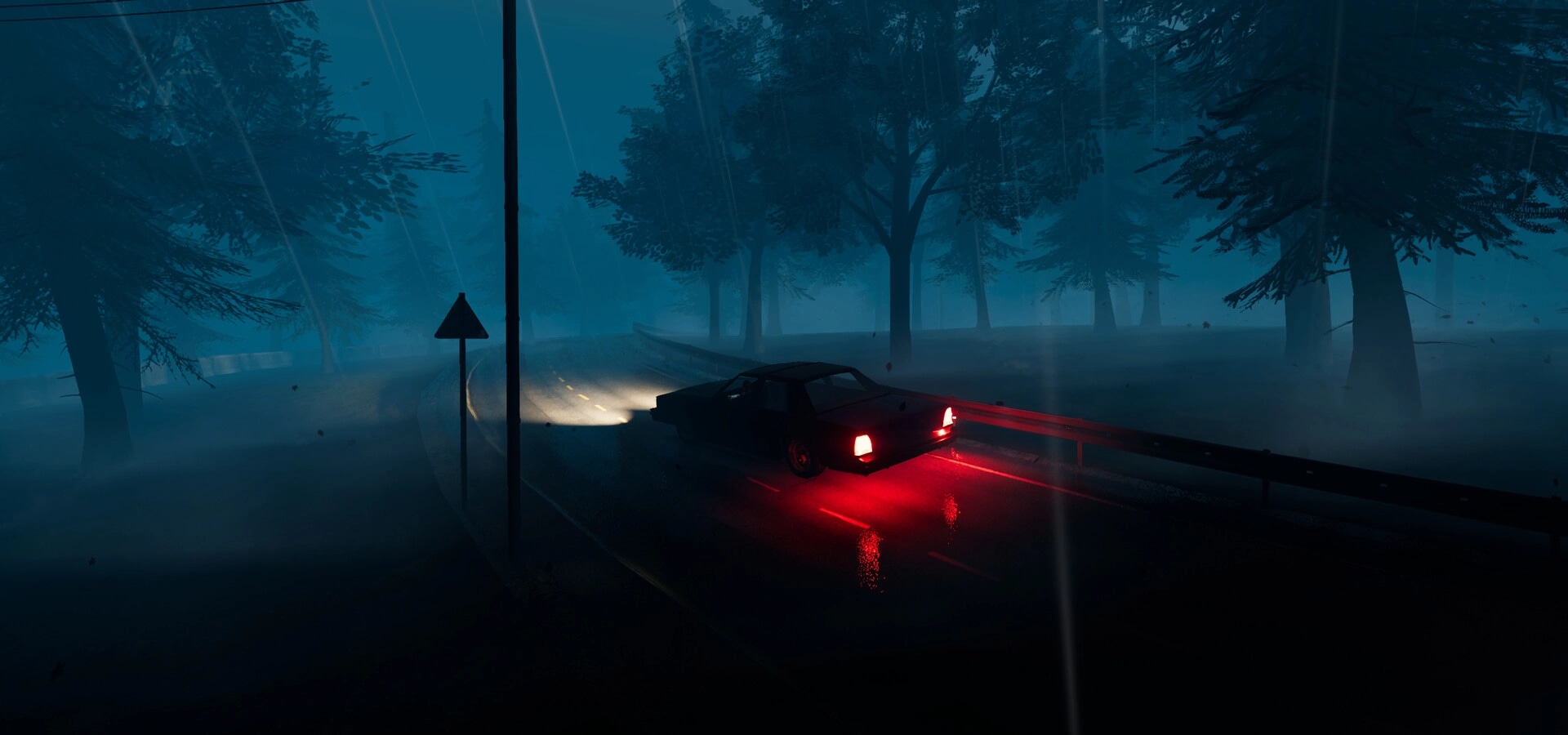 Motel Nightmares: Dark road drive through foggy forest under eerie blue night sky with red tail lights
