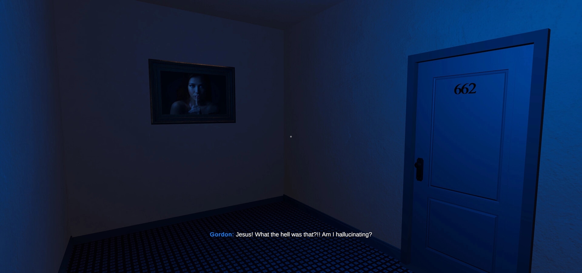 Motel Nightmares: Eerie hallway with room 662, unsettling portrait, and Gordon's text dialogue displayed.