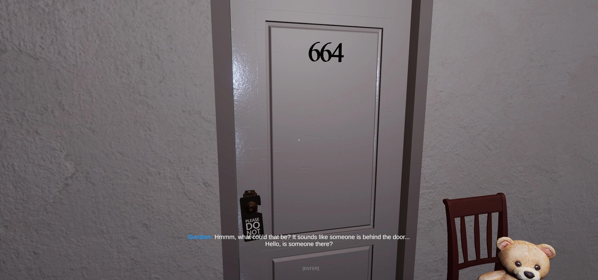 Motel Nightmares: Mysterious room 664 door with dialogue prompt and teddy bear on chair in dim hallway