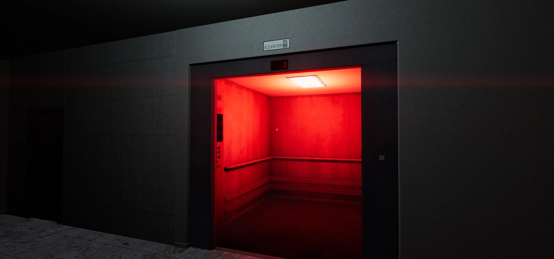 Motel Nightmares: Glowing red elevator interior in a dimly lit hallway of the eerie abandoned motel