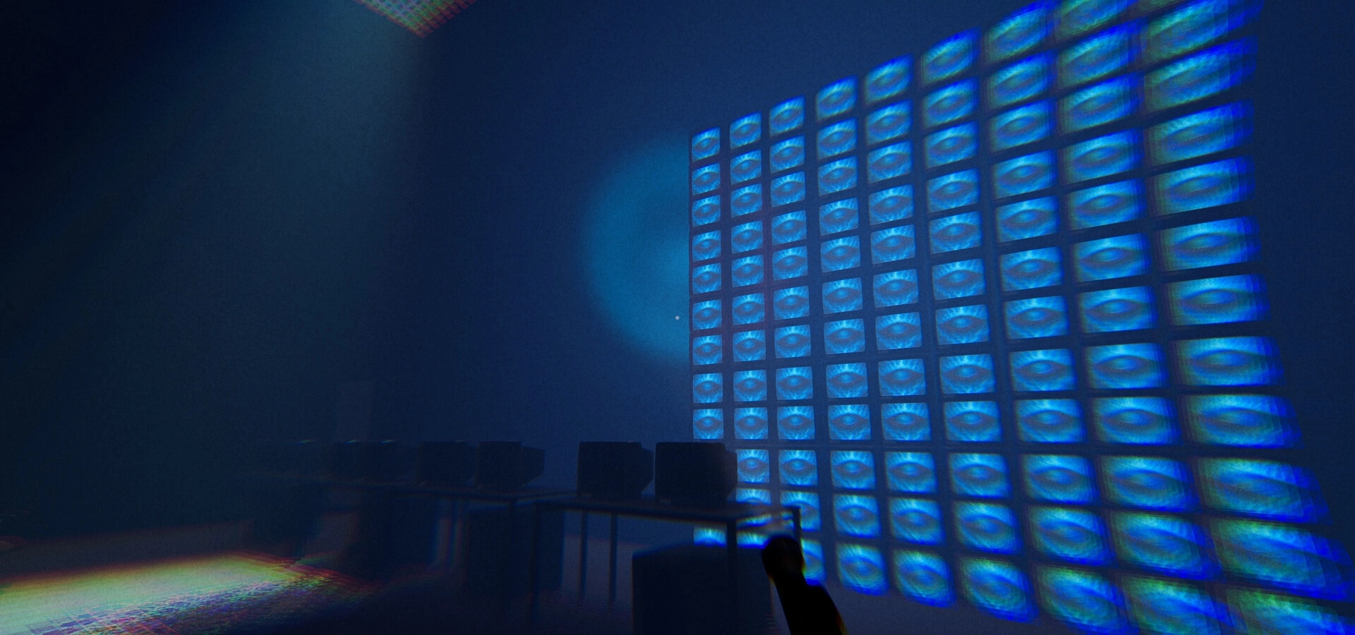 Motel Nightmares: Eerie room with a wall of glowing eyes and shadowy tables creating a haunting atmosphere.