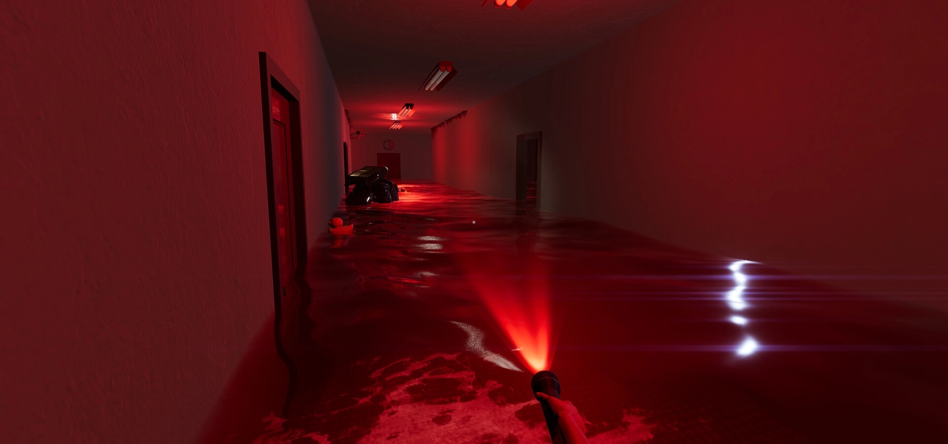 Motel Nightmares: Navigating a flooded, blood-red hallway with a flashlight in a haunted motel