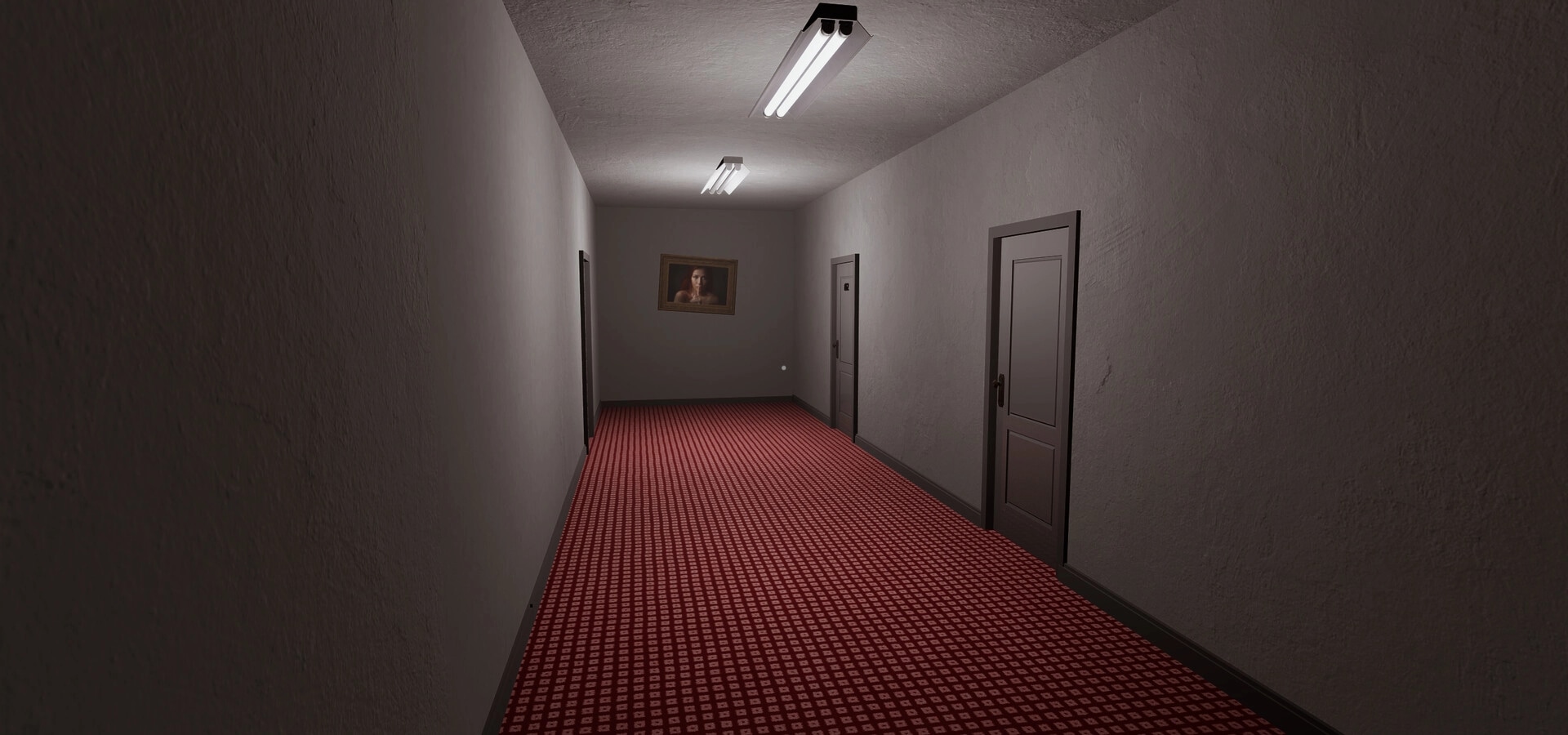 Motel Nightmares: Dimly lit hallway with red carpet and eerie portrait on wall, two closed doors visible