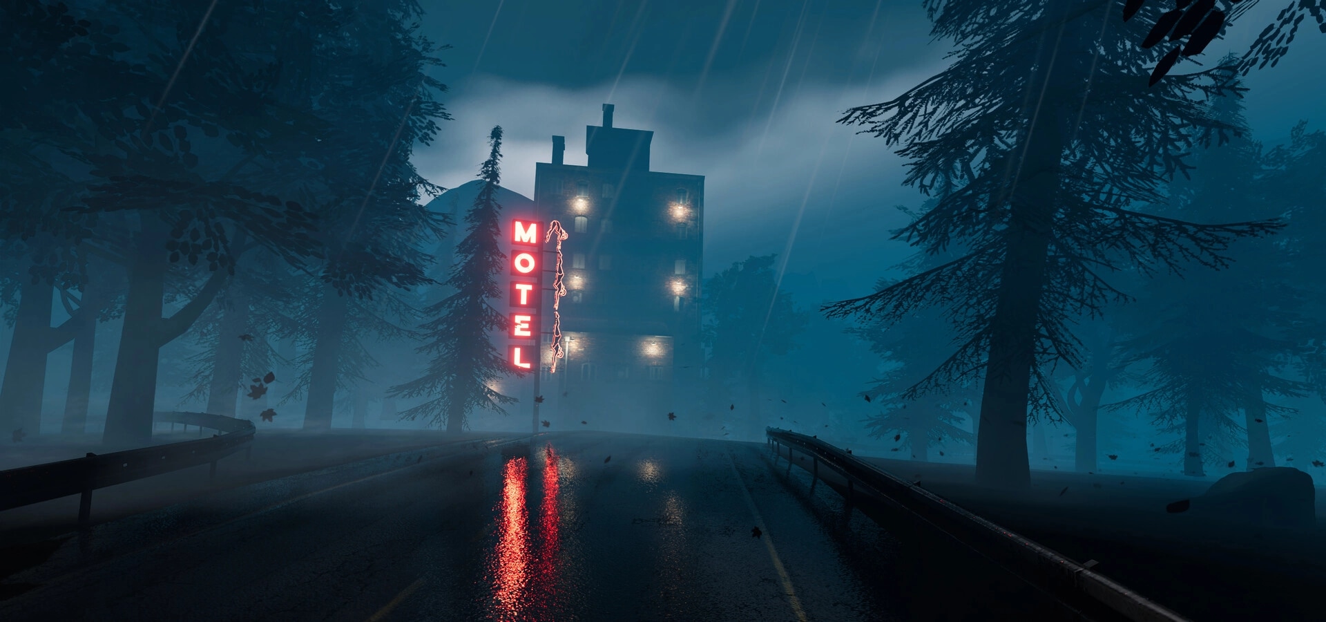 Motel Nightmares: Neon motel sign glowing in misty, dark forest with ominous building in background