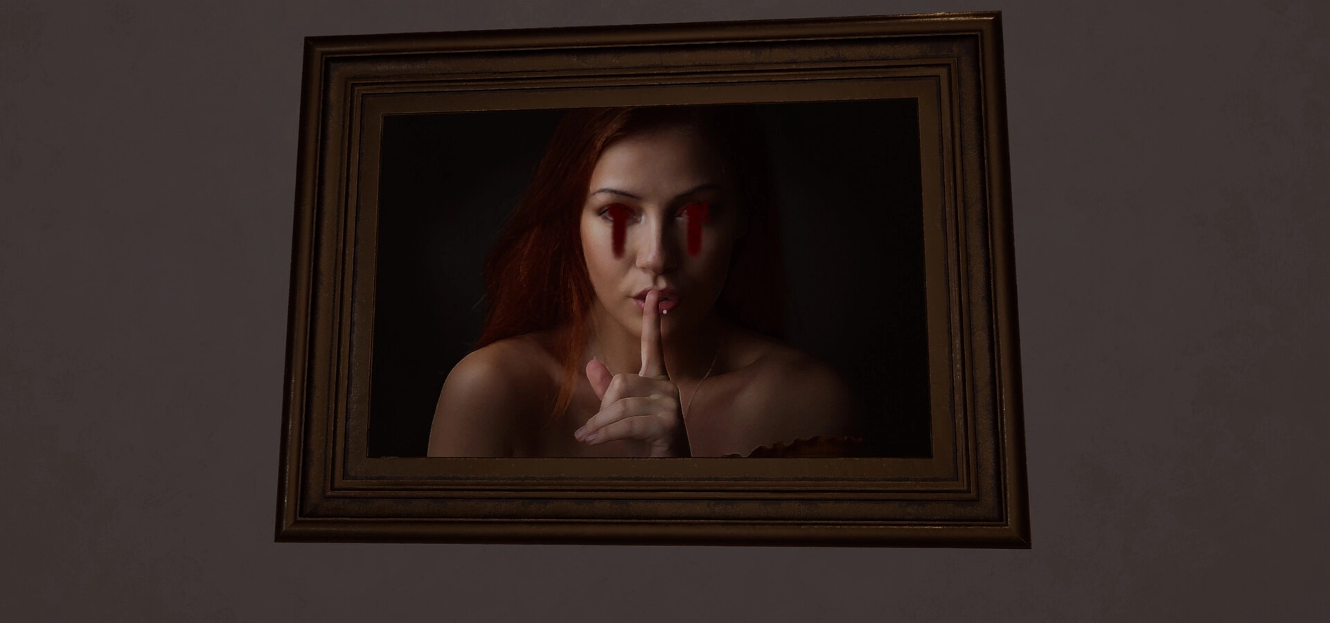 Motel Nightmares: Eerie painting of woman with bleeding eyes gesturing silence in dimly lit motel room