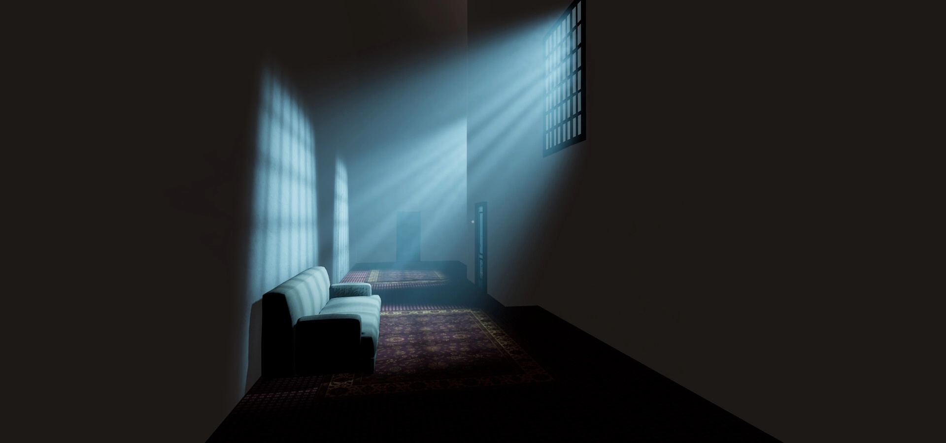 Motel Nightmares: Dimly lit corridor with eerie shadows, a single sofa, and rays of light from barred windows