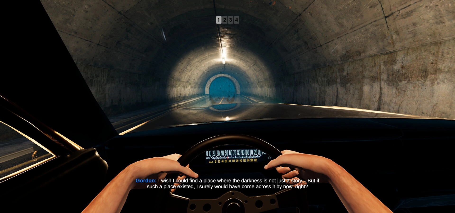 Motel Nightmares: Gordon drives through a dimly lit tunnel, gripping the steering wheel tightly.