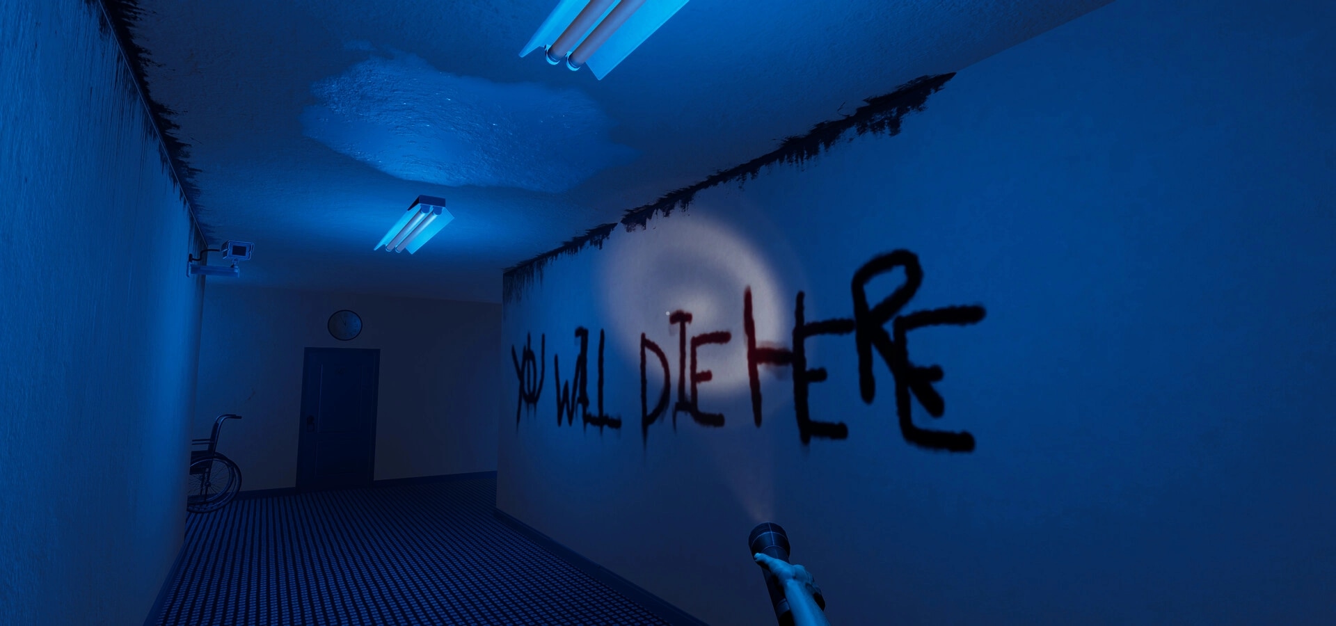 Motel Nightmares: Flashlight reveals ominous graffiti "YOU WILL DIE HERE" in dimly lit motel corridor